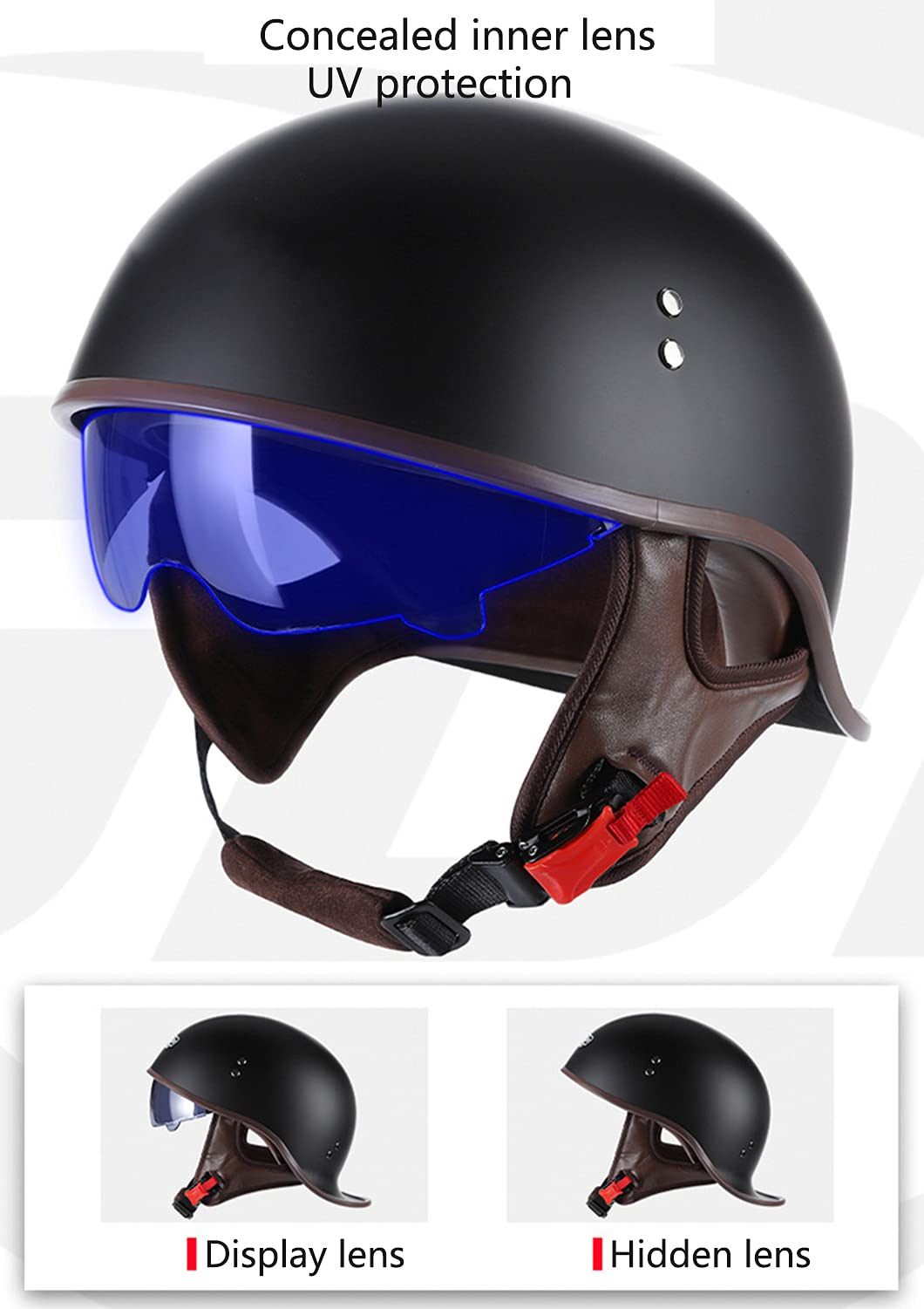 German Style DOT Approved Motorcycle Half Helmet for Men & Women - UV Visor, Vintage Skull Cap Design - Perfect for Scooter, Moped & Cruiser Riders - Ideal for Urban Commuting & Leisure Riding