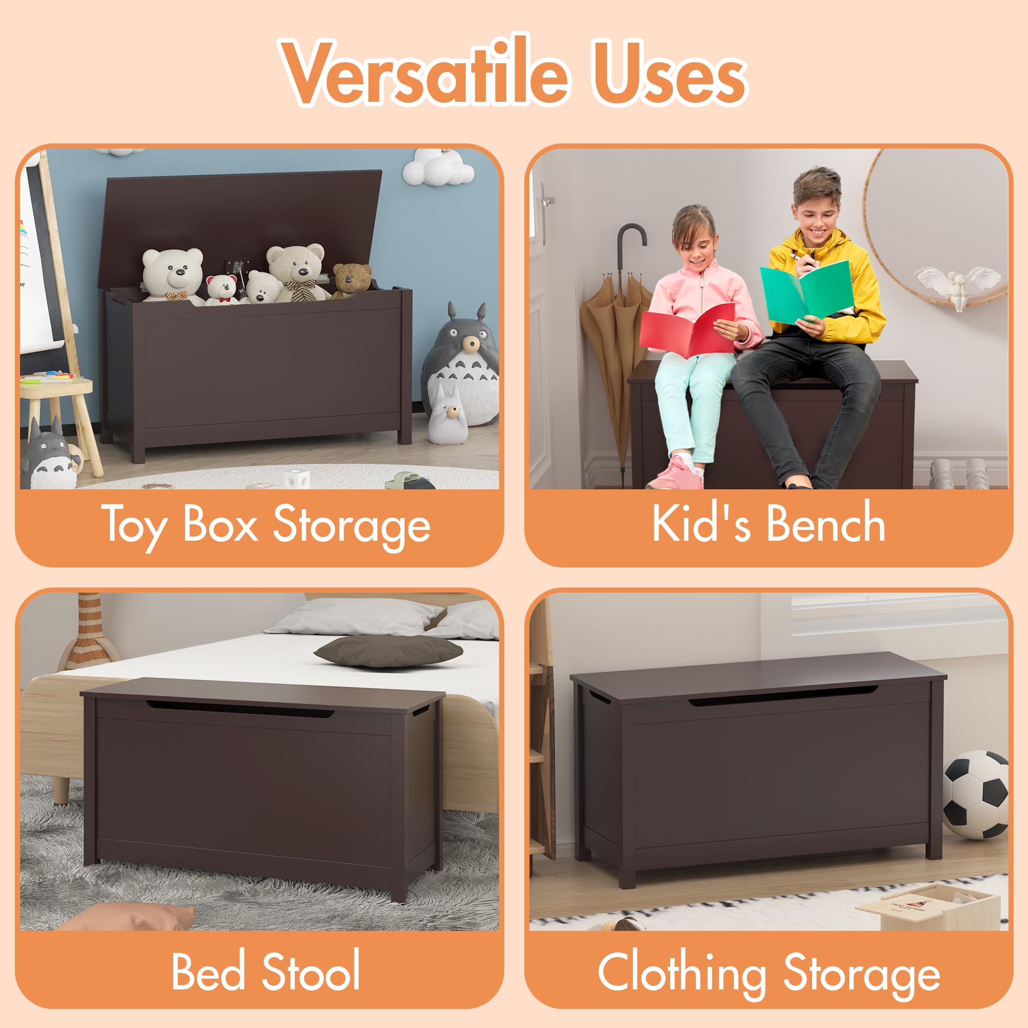 **Wooden Toy Chest for Kids - Safety Hinged Lid Toy Storage Organizer, Playroom Furniture Bench with Durable Dark Brown Finish - Perfect for Nursery, Bedroom & Playroom Organization**