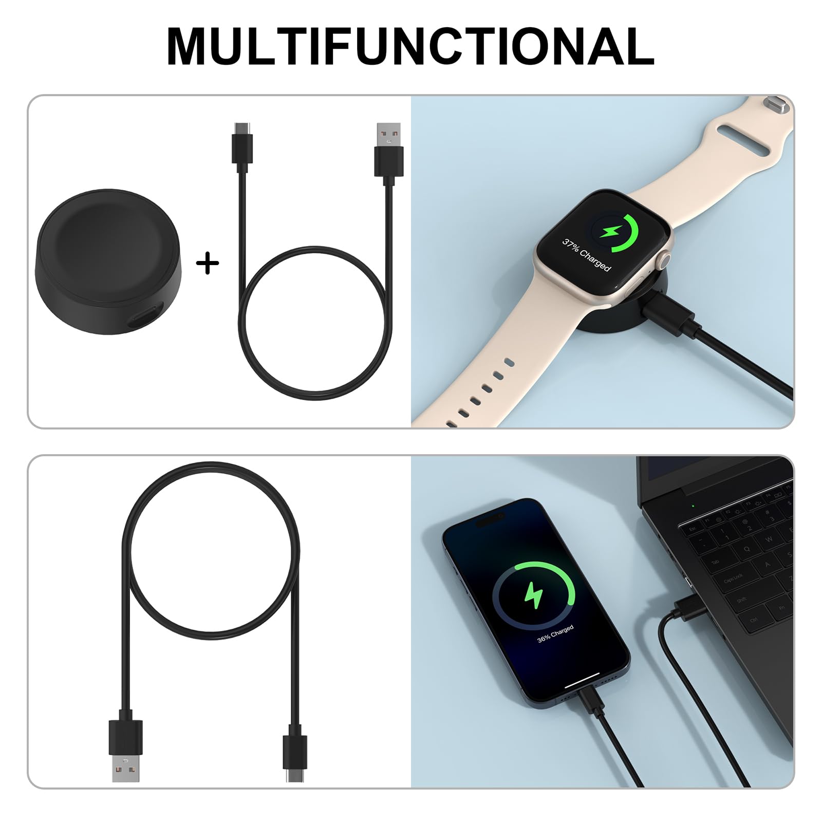 Apple Watch Magnetic Fast Charger - USB Charging Cable Compatible with iWatch Series Ultra/8/7/6/5/4/3/2/1/SE - Perfect for Home, Office & Travel (Black)