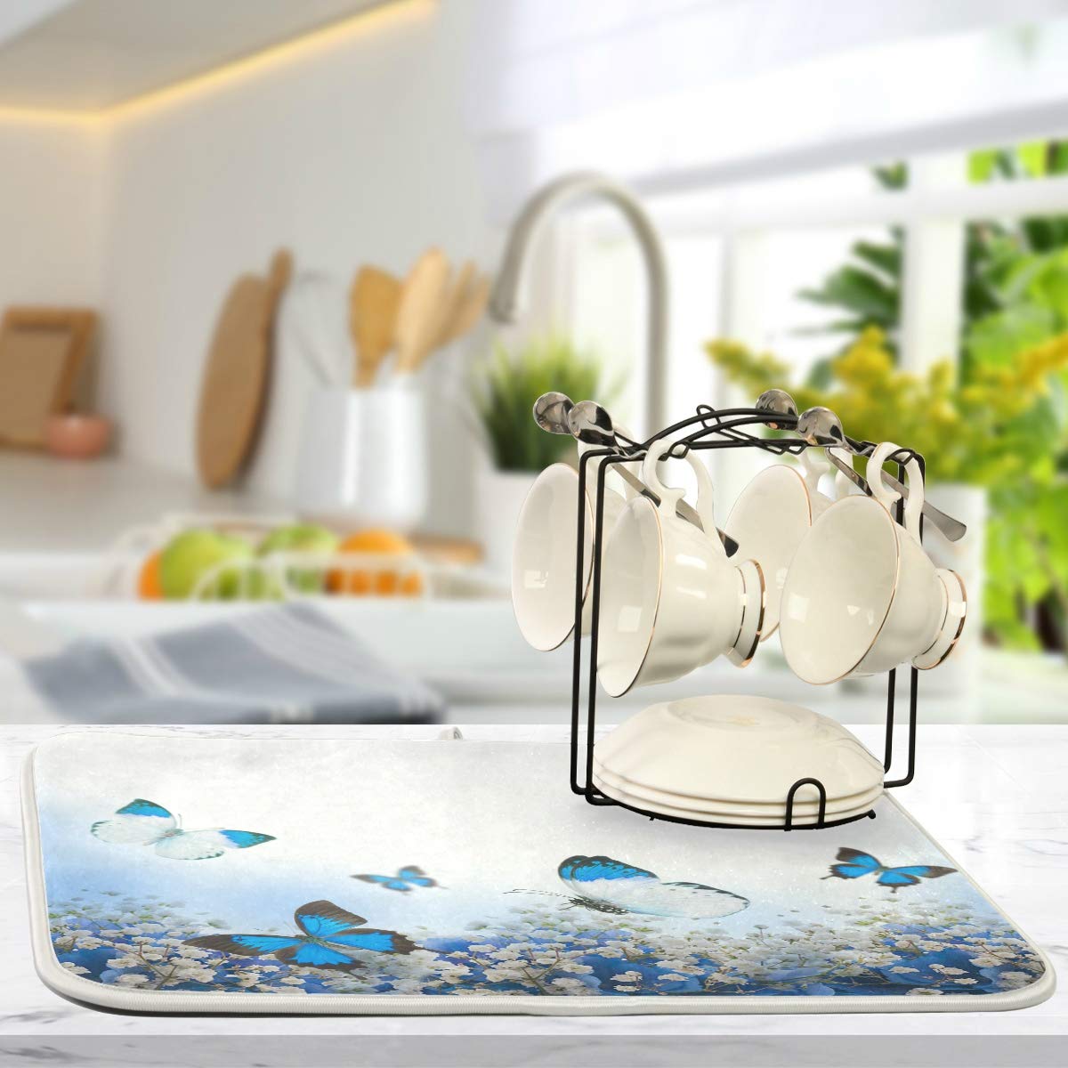 Susiyo Super Absorbent Microfiber Dish Drying Mat - Blue Hydrangeas & Butterfly Design - Heat-Resistant Kitchen Counter Mat (18x24 Inch) for Drying Dishes, Utensils & Cookware - Perfect for Kitchen Countertops, Sink Areas & Dish Rack Protection