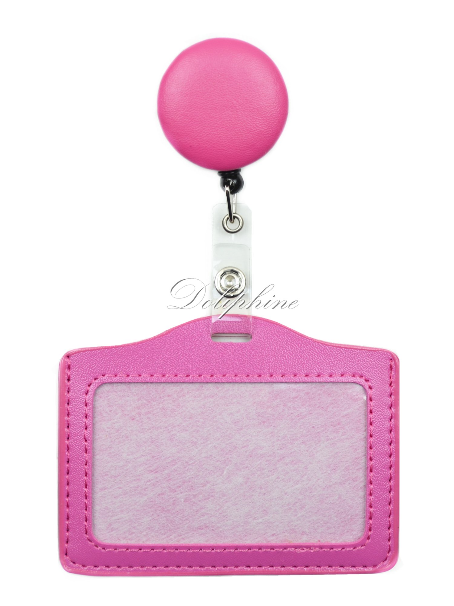 2 in 1 PU Leather Retractable Reel and ID Badge Holder - Horizontal Design in Hot Pink - Perfect for Office, School, and Corporate Events