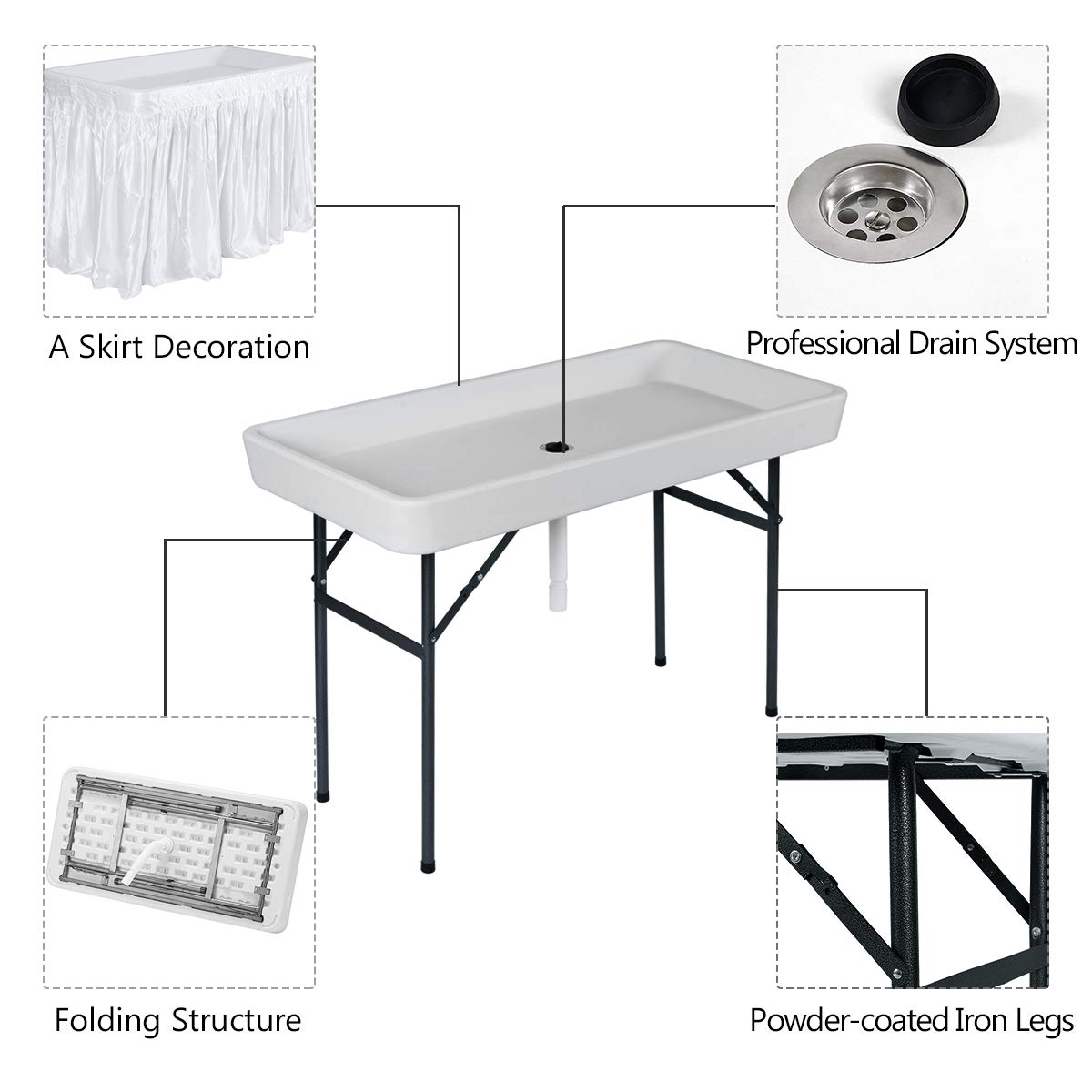 SAFSTAR 4FT Portable Folding Ice Cooler Table with Drain Plug & Skirt - Outdoor Buffet, Camping, Fishing, BBQ, Picnic, Tailgate Party - Perfect for Food Storage, Chilling Drinks & Cleaning Fish