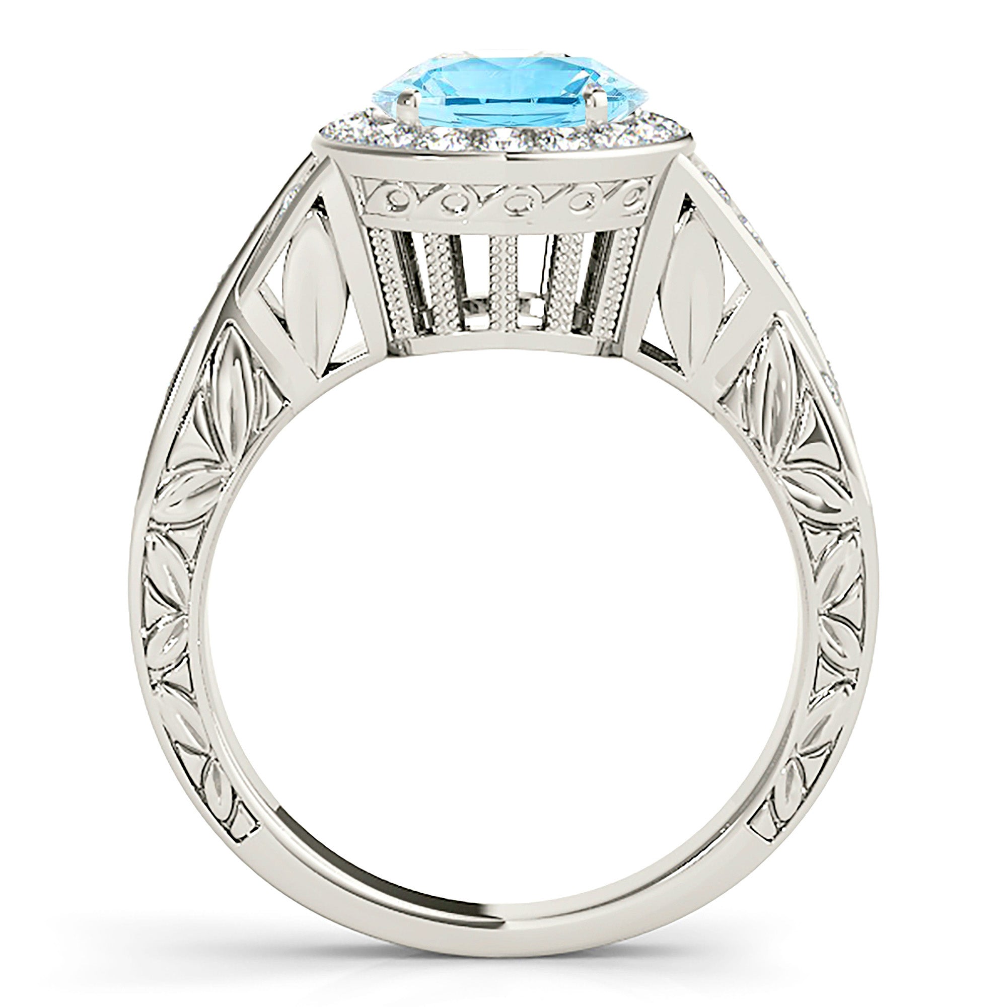 1.75 Carat Genuine Aquamarine Halo Ring with Filigree Accent Sides - Elegant Wedding, Engagement & Anniversary Jewelry Gift for Women