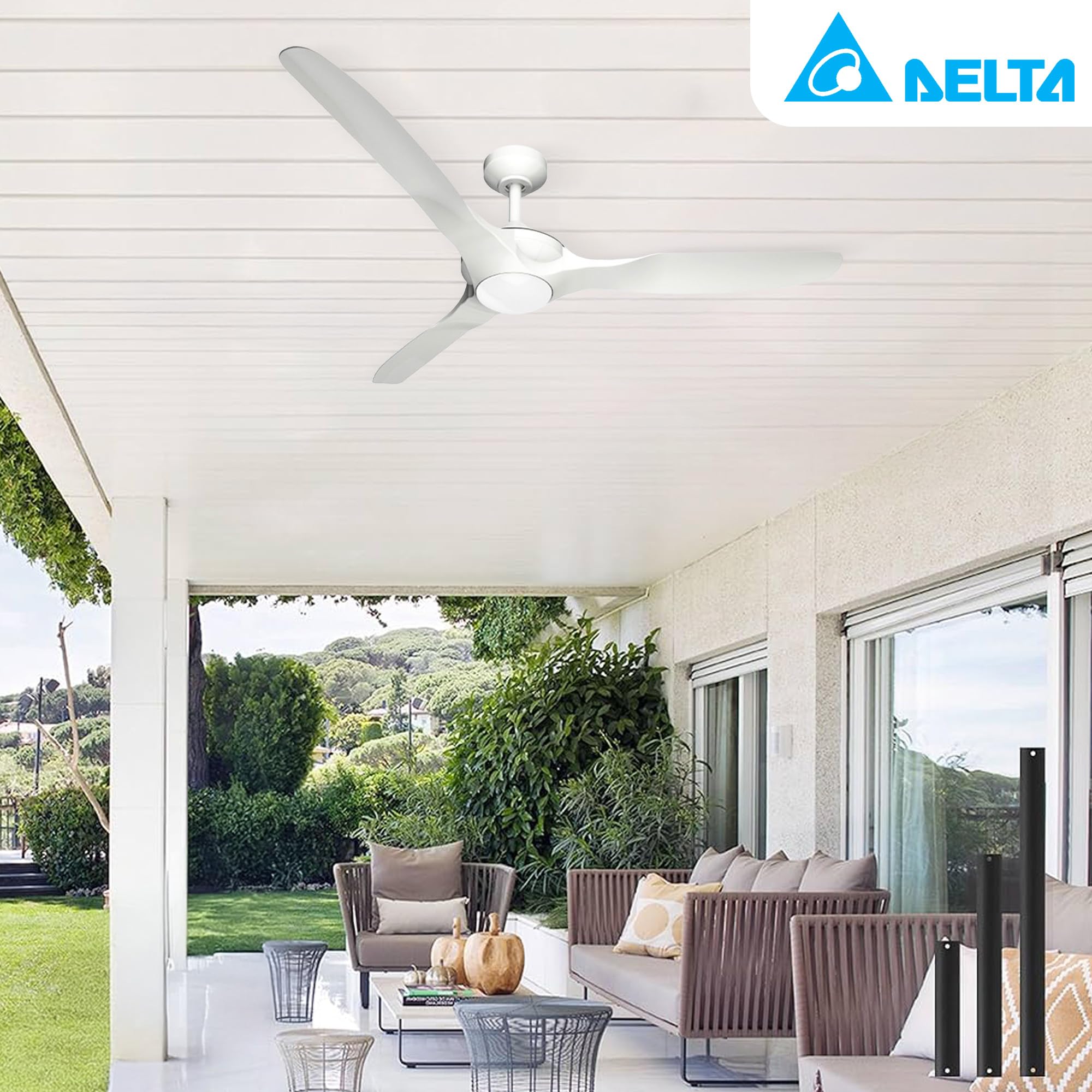 Breez Delta 52 Inch Ceiling Fan with LED Light and Remote Control - Indoor Outdoor Ceiling Fan for Bedroom, Living Room, Patio - White (Benicia Collection)