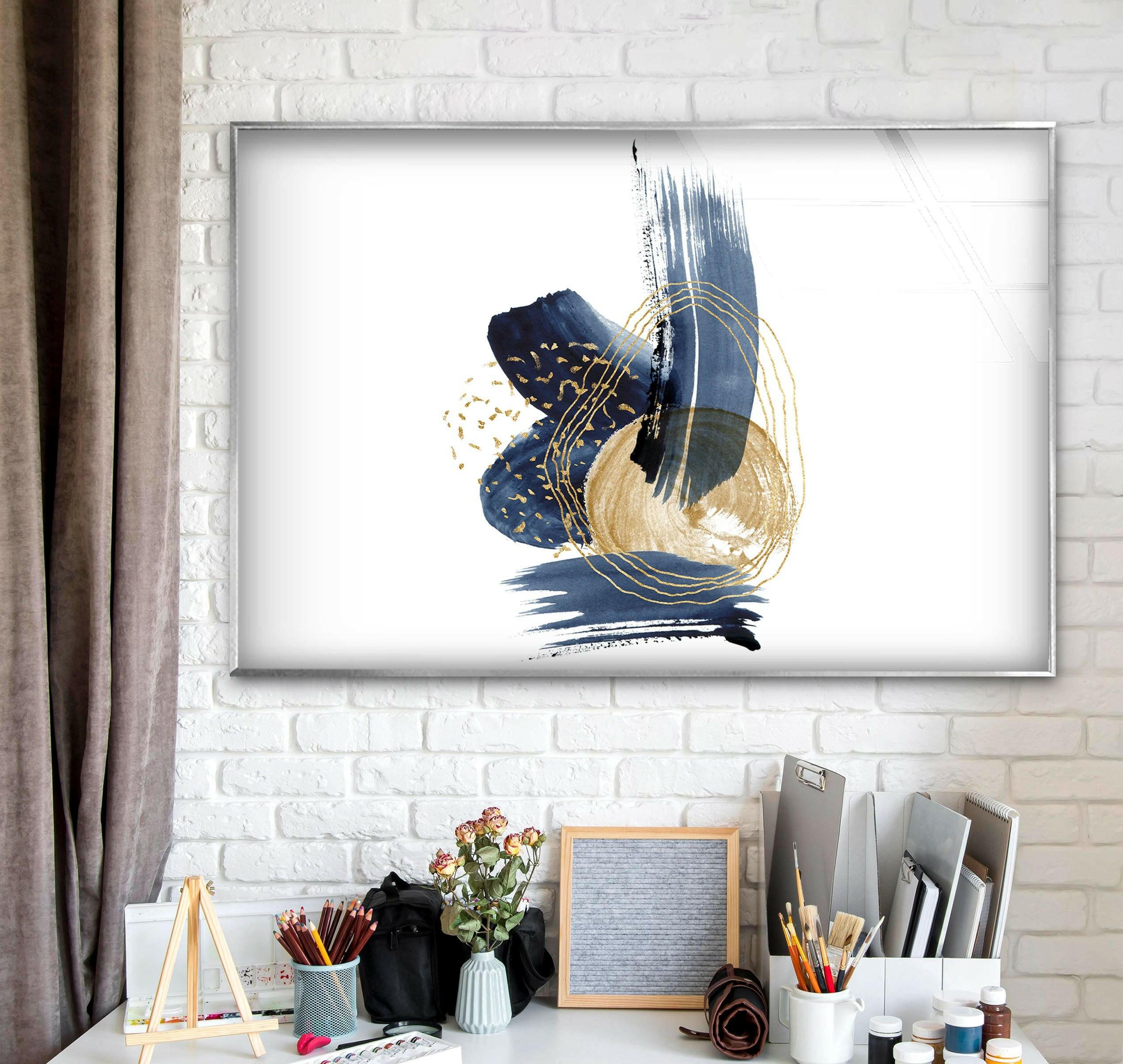 Blue Gold Abstract Painting Glass Wall Art - Modern Home Decor for Living Room, Bedroom & Office - Handmade Glass Wall Hanging for Unique Interior Design