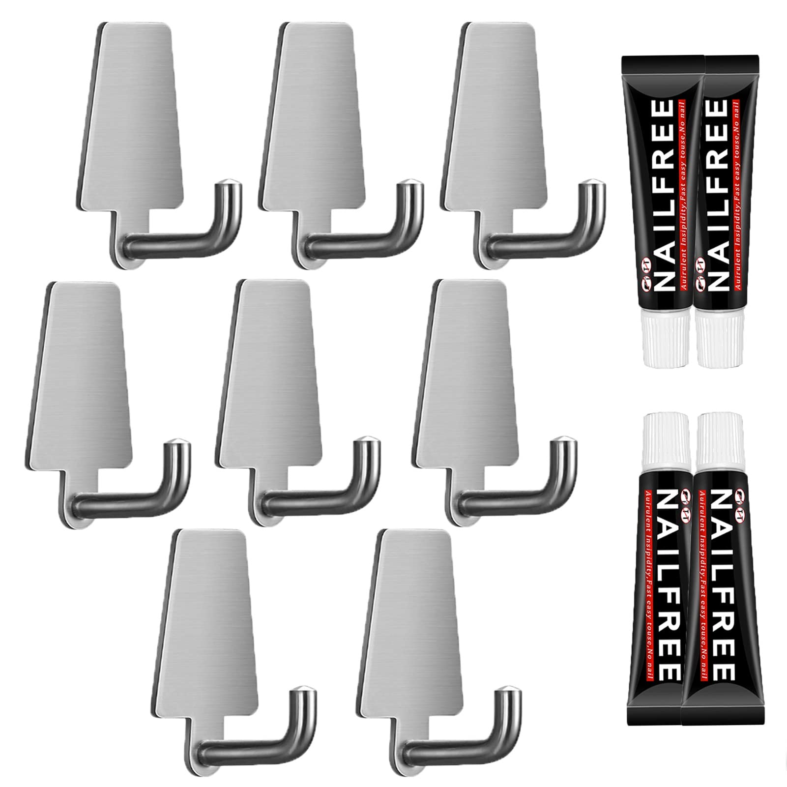 Stainless Steel Adhesive Hooks - Heavy Duty Waterproof Wall Hangers (8 Pack) - No Nails Needed for Bathroom, Kitchen & Home Organization