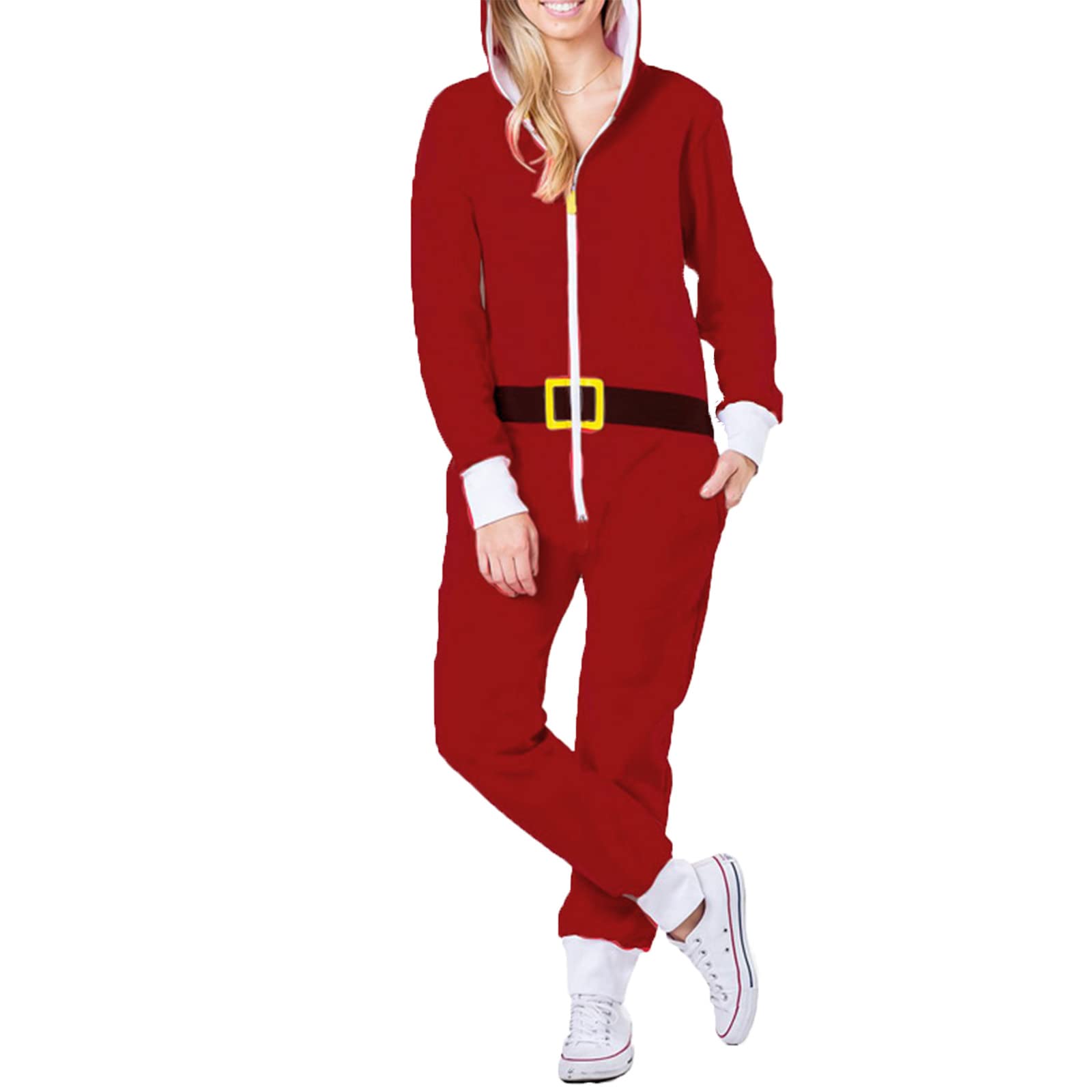 Santa Christmas Onesies Pajamas for Women - Hooded Zip-Up Fleece Jumpsuit with Pockets | Warm Winter Sleepwear & Lounge Outfit for Holiday Parties, Family Gatherings and Cozy Nights