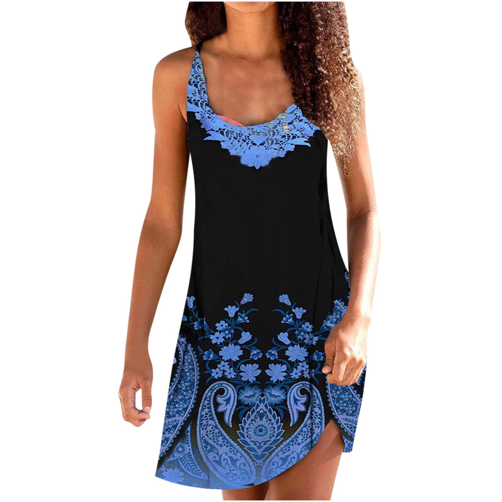 Yoeyez Women's 2022 Summer Sleeveless Bohemian Dress - Sexy Casual Round Neck Loose Fit Mini Tank Dress for Beach Vacation, Party & Outdoor Date Night