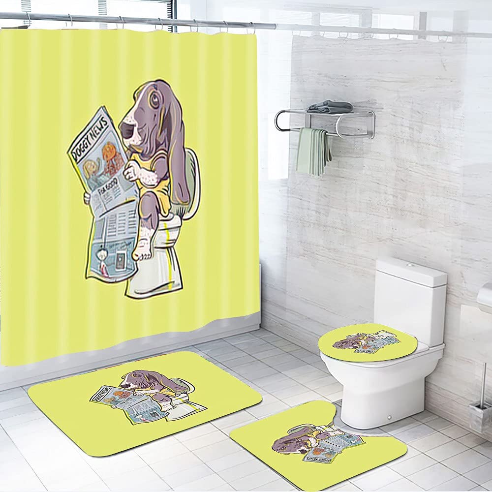 Basset Hound Dog Shower Curtain Set - 4 Piece Bathroom Decor with Newspaper Reading Design, Includes 72x72 Inch Curtain, Toilet Cover & Floor Mat - Perfect for Dog Lovers' Bathroom, Kitchen, or Laundry Room Decor