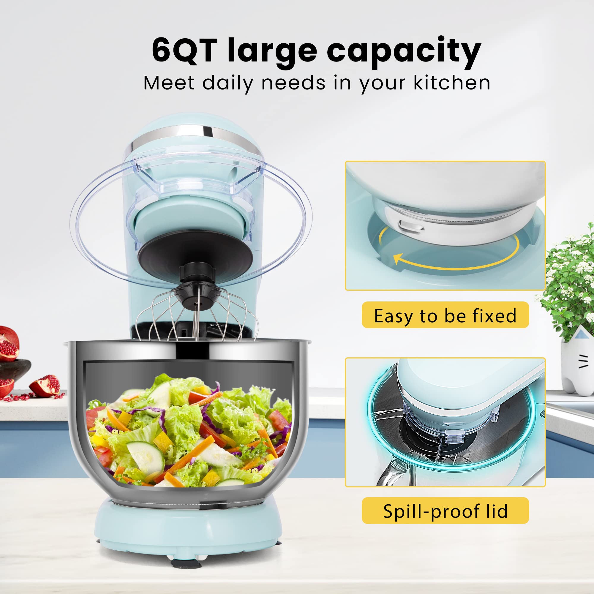 VIVOHOME 660W 10-Speed 6-Quart Tilt-Head Stand Mixer with Beater, Dough Hook & Wire Whip - Electric Kitchen Mixer for Baking, Cooking & Egg Separation (Blue) - Perfect for Home Bakers & Professional Chefs
