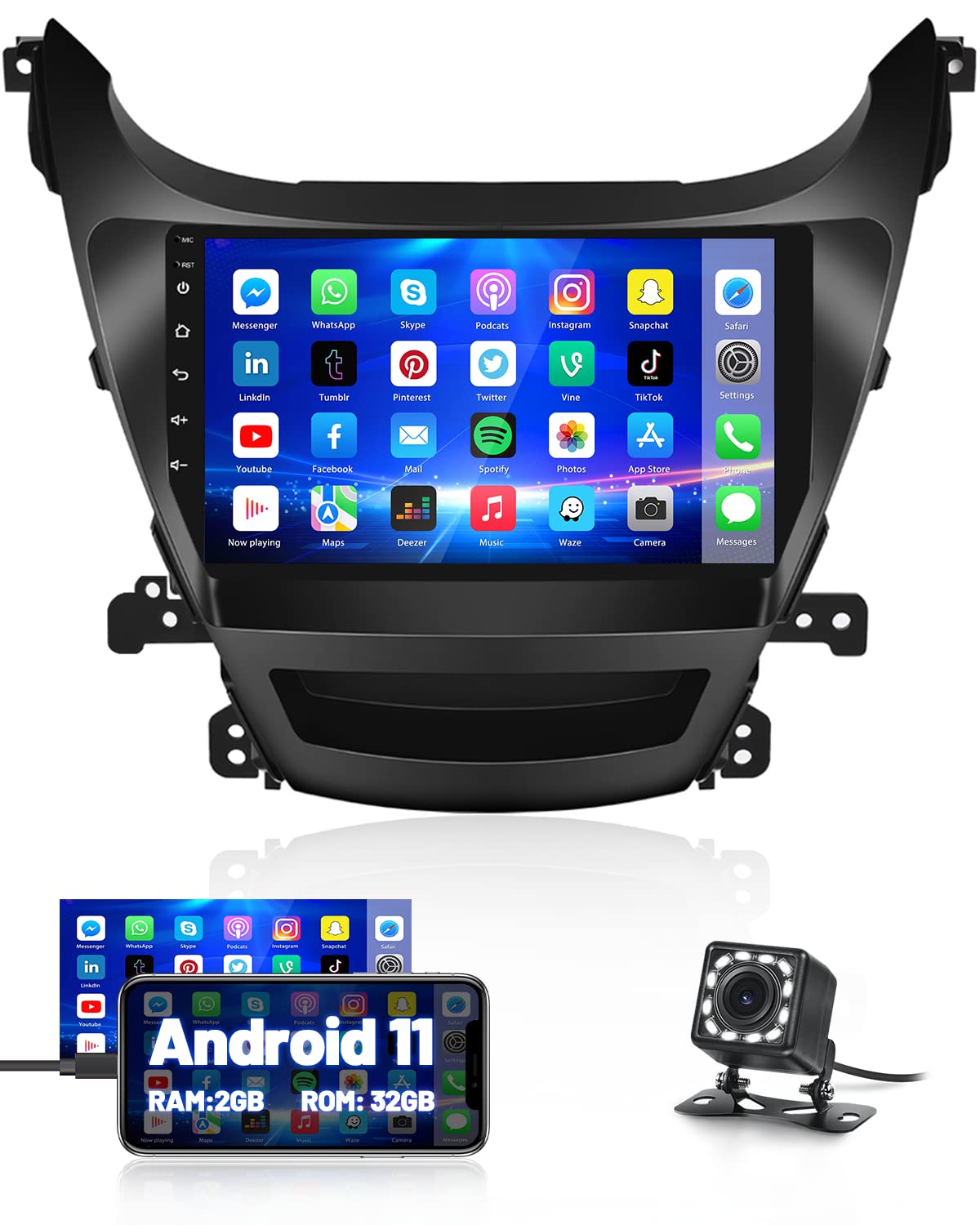 9 Inch Android 11 Car Stereo with GPS Navigation & Bluetooth - 2+32GB Hyundai Elantra 2014-2016 Car Radio | Touchscreen Display, Backup Camera, Audio/Video Output | Perfect for Road Trips & Daily Commuting