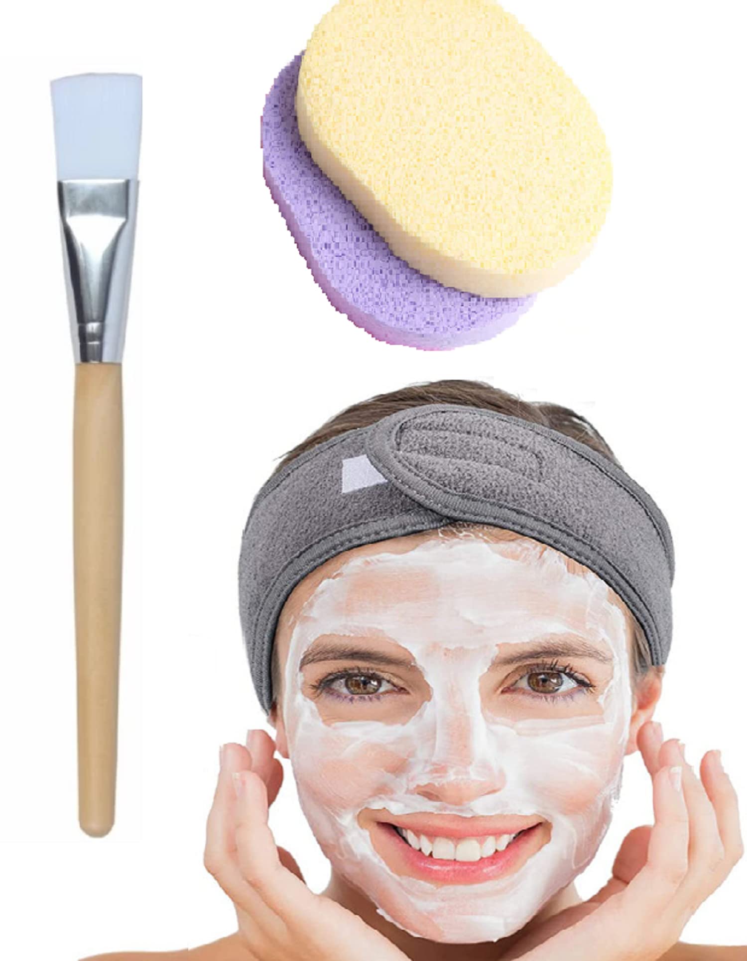 Wooden Face Brush with Round Powder Puff & Soft Sponge Blusher Applicator - 3-Piece Makeup Brush Set for Women (Includes Facial Headband) - Perfect for Foundation, Blush & Powder Application at Home or Salon