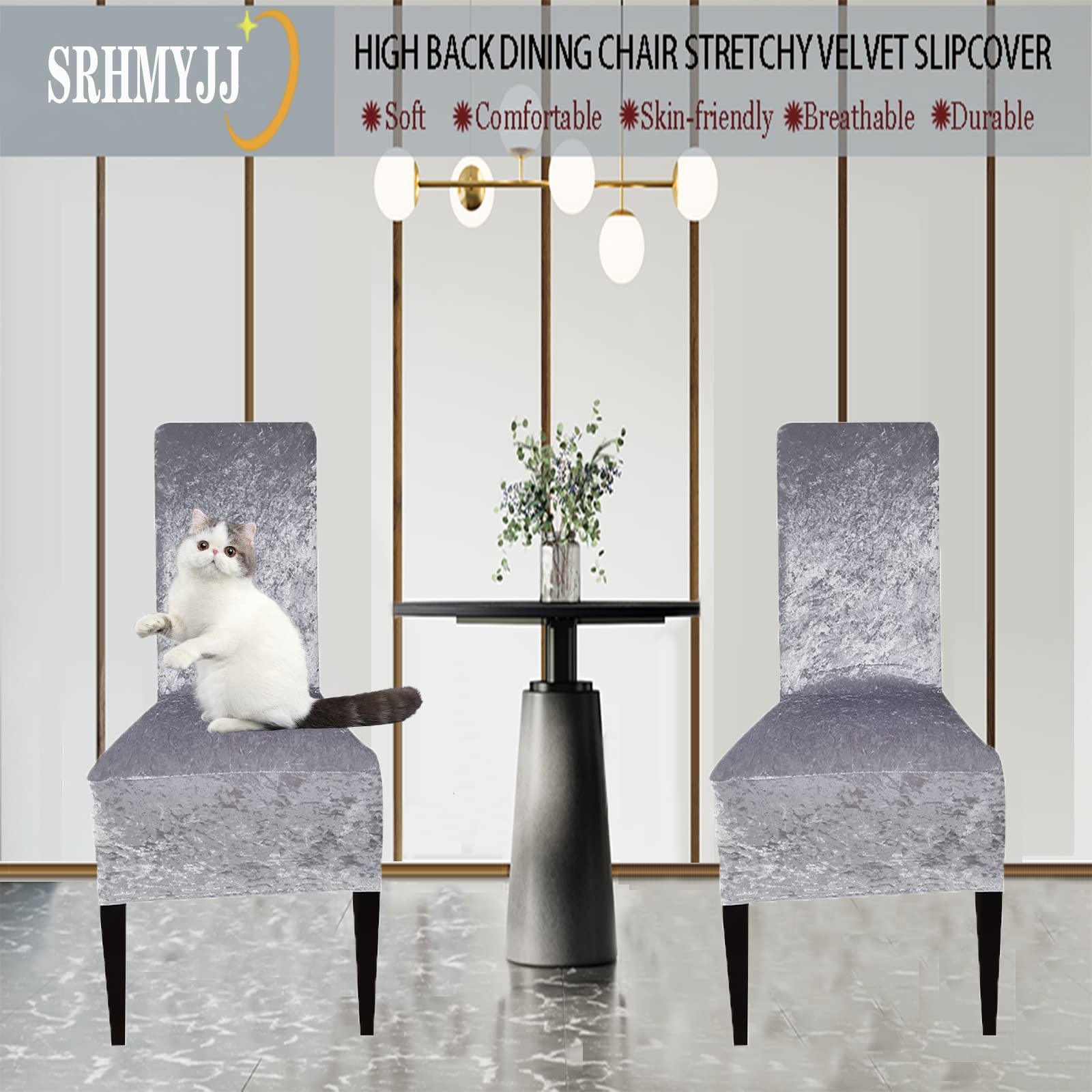 Crushed Velvet XL Dining Chair Covers - Stretch Elastic Slipcovers for Chairs - Protective Seat Covers for Dining Room, Wedding, Banquet & Party Decor (Silver, Set of 6) | Perfect for Home, Restaurant & Event Decorations