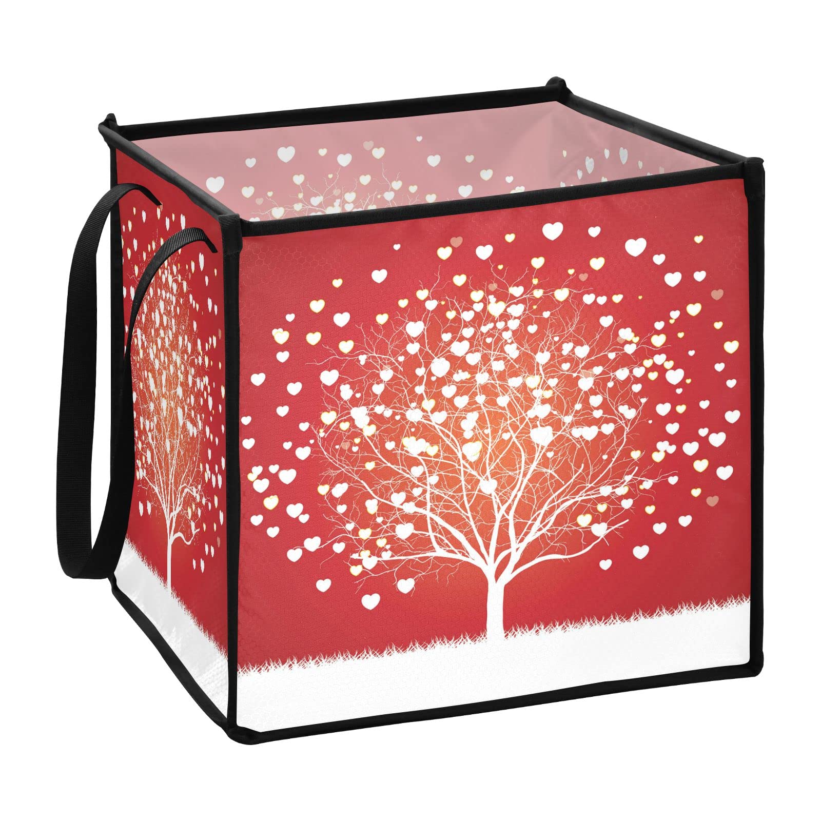 White Tree of Life with Love Hearts Collapsible Storage Bins - 13x13x13 Inch Fabric Cube Organizer with Handles for Toys, Nursery, Shelves & Closet | Perfect for Home Organization, Kids Room Storage & Decorative Basket