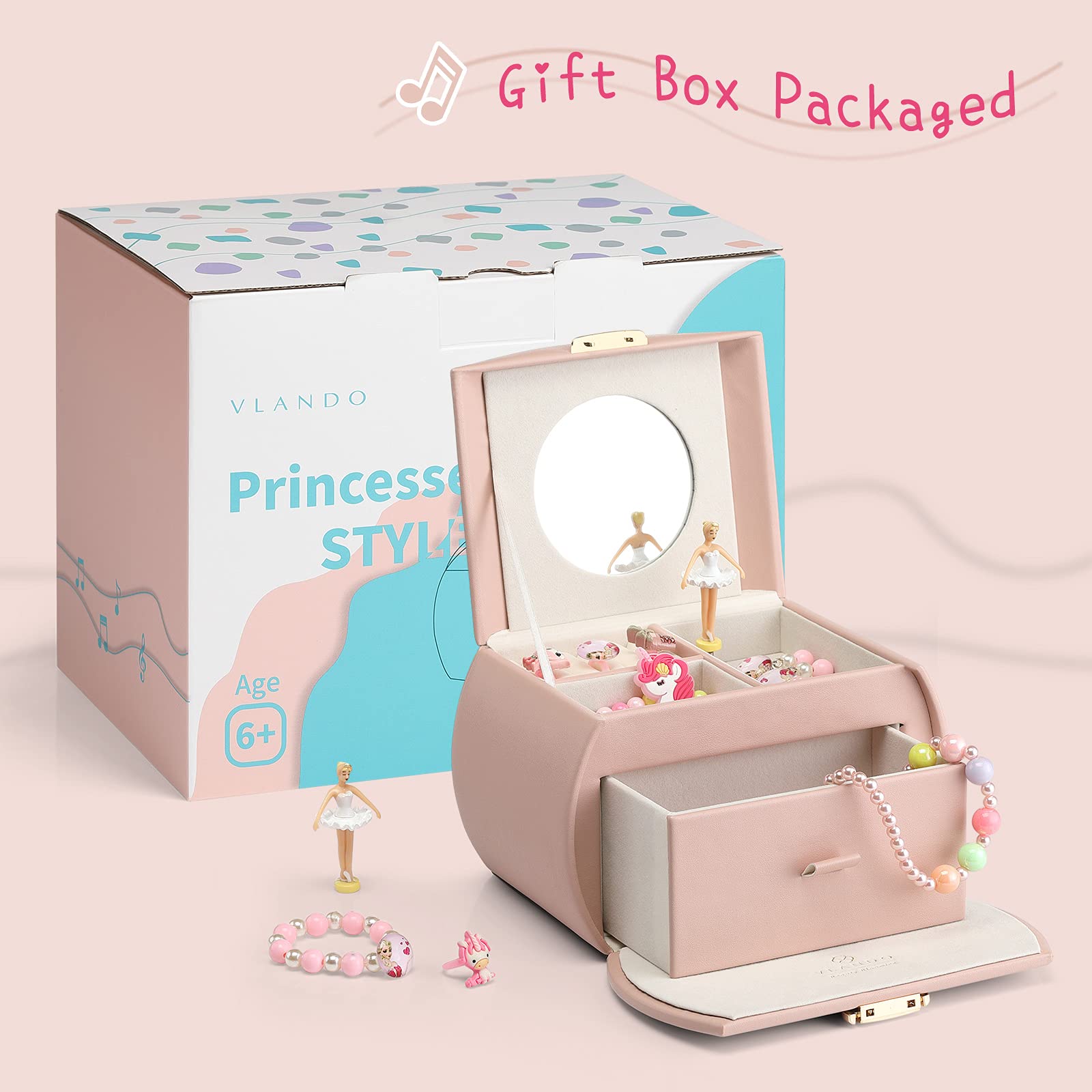 Vlando Pink Musical Jewelry Box for Girls with Drawer - Ballerina Music Box with Stickers, Birthday Gift for Girls, Kids Room Decor | Perfect for Jewelry Storage, Bedroom Decoration & Special Occasion Gifts