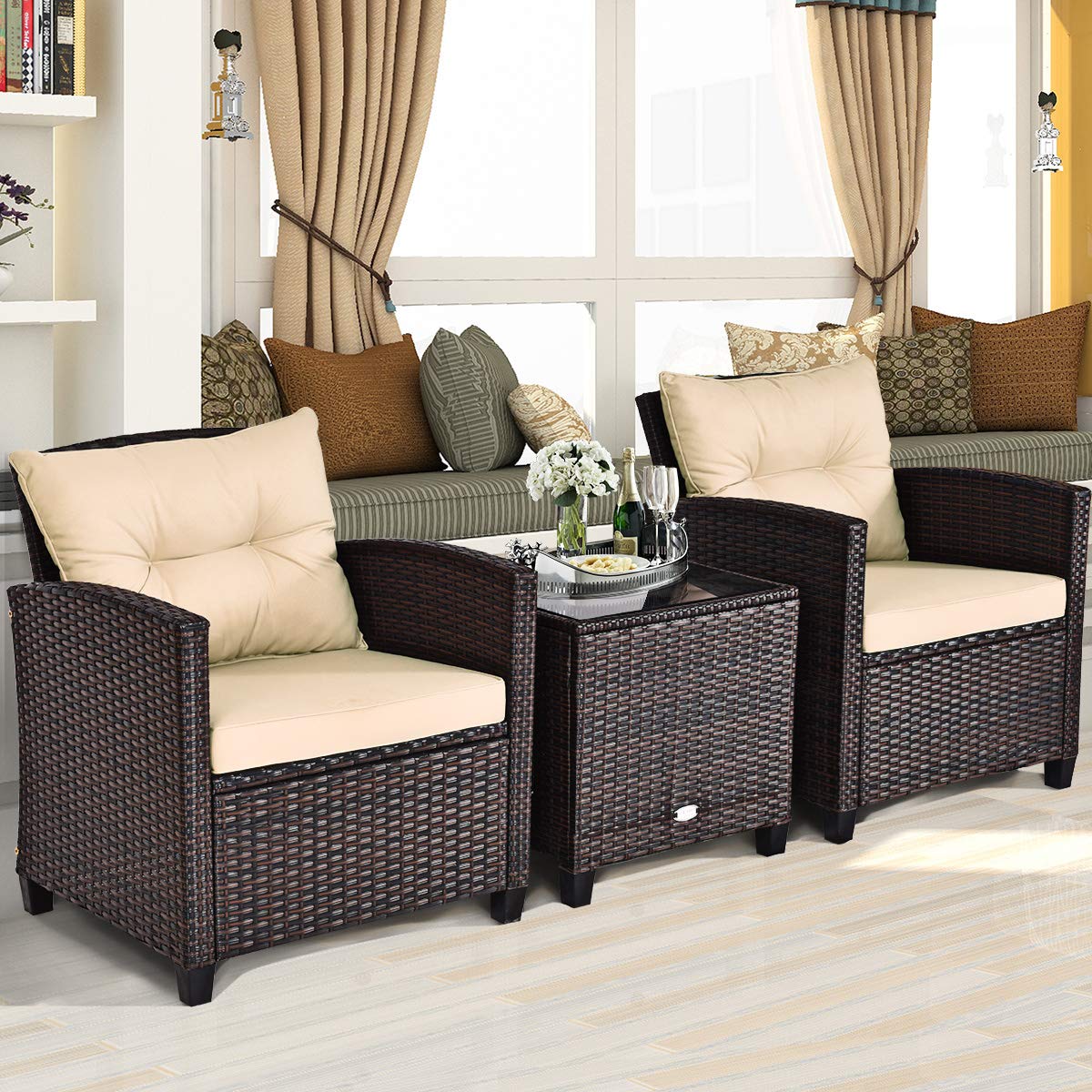 KOTEK 3-Piece Outdoor Patio Furniture Set with Washable Cushions & Tempered Glass Tabletop - PE Rattan Wicker Bistro Set for Porch, Garden, Balcony, Backyard (Beige) | Perfect for Relaxing, Entertaining & Outdoor Dining