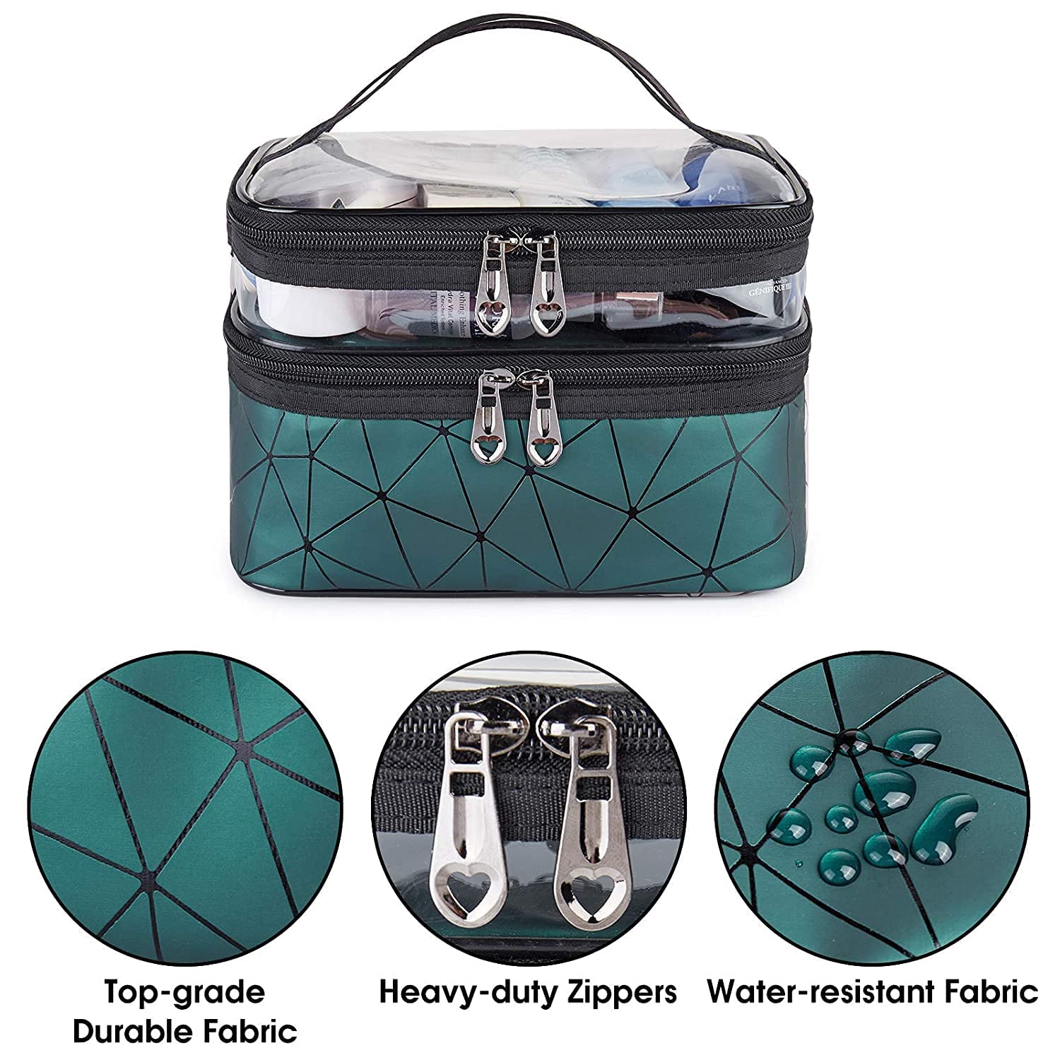 HITSHREE Women's Makeup Travel Organizer Toiletry Bag - Double Layer Cosmetic Case for Brushes & Beauty Tools, Portable Luxury Makeup Pouch (Green Diamond) | Perfect for Travel, Gym, and Daily Organization