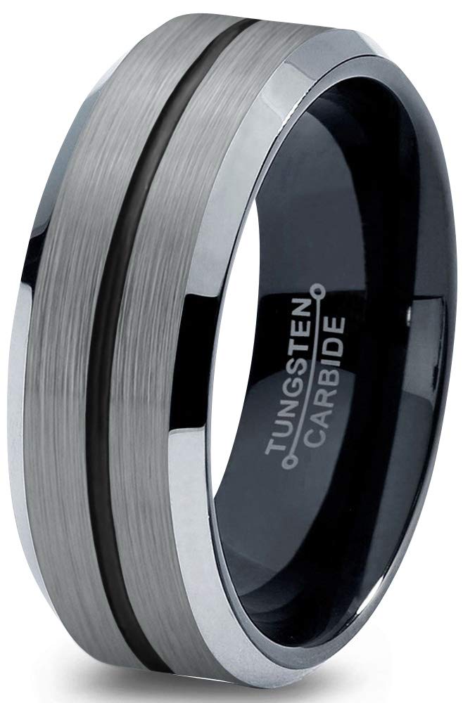 8mm Tungsten Carbide Wedding Band Ring for Men & Women - Blue Black Center Line, Beveled Edge, Brushed & Polished Finish - Custom Engraved Anniversary & Engagement Ring - Perfect for Weddings, Proposals & Special Occasions