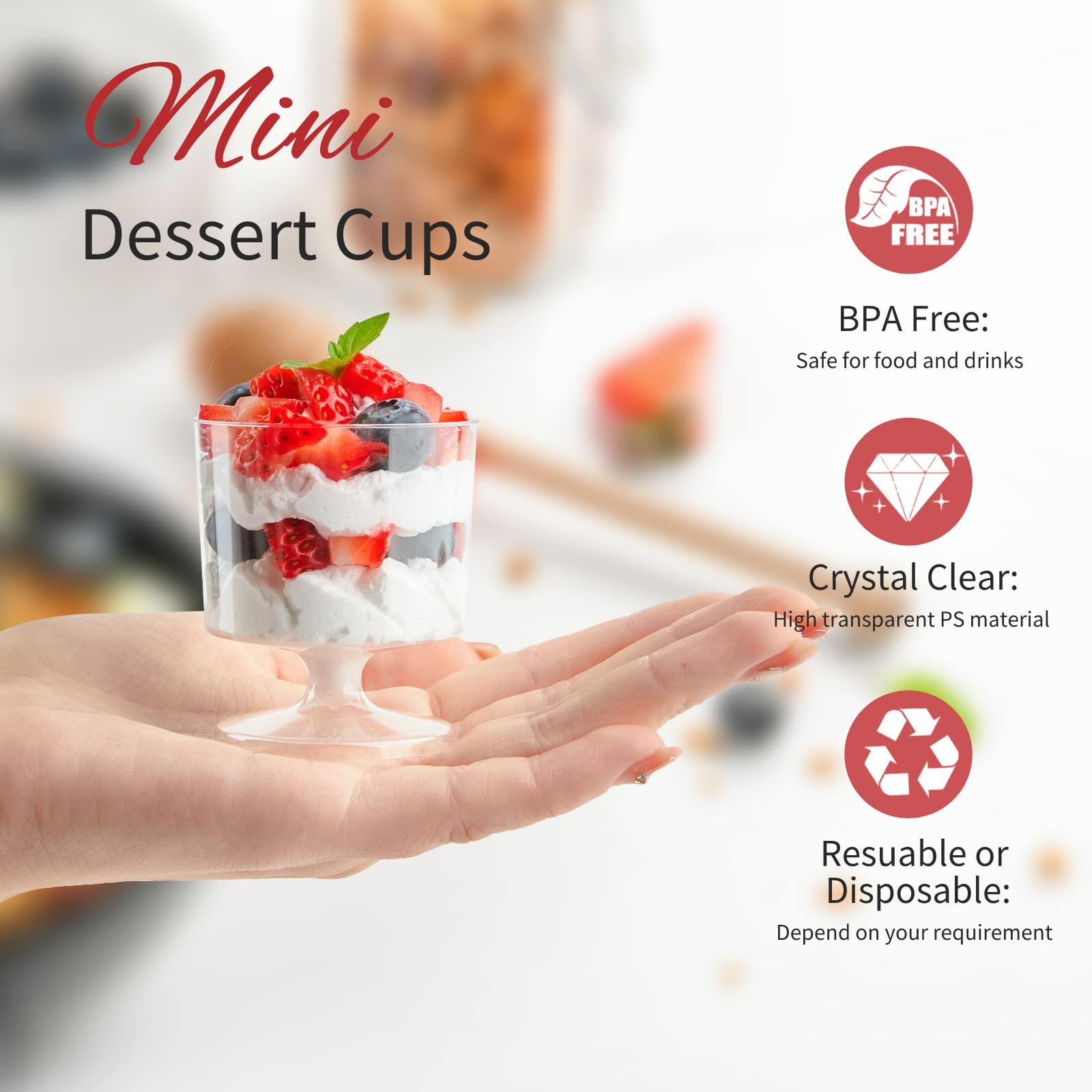 Zezzxu 100 Pack 2 oz Mini Dessert Cups with Spoons - Disposable Plastic Appetizer & Mousse Cups - Small Wine Glasses for Individual Pudding Shots, Cocktails, Trifle - Perfect for Parties, Catering & Dessert Serving