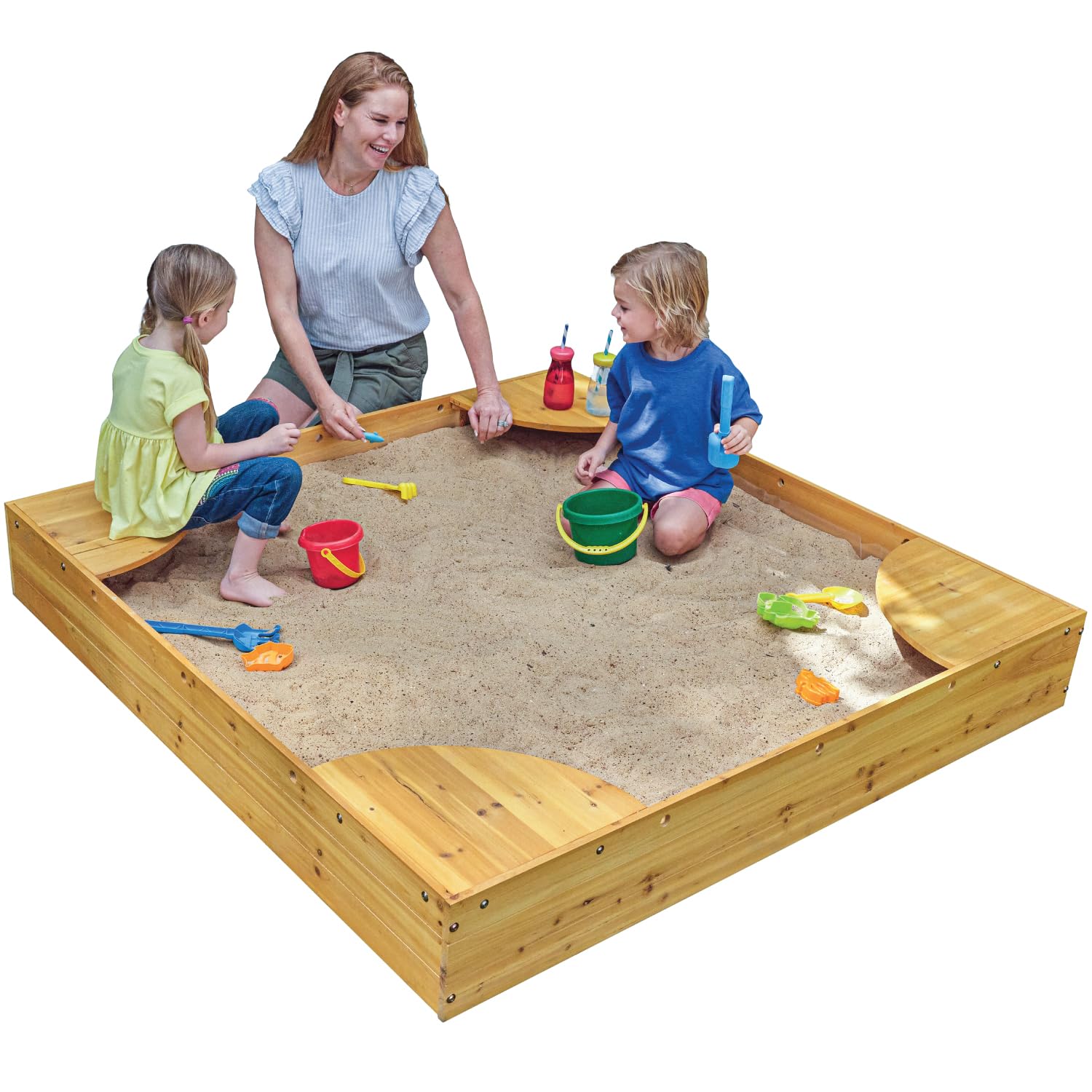 KidKraft Wooden Backyard Sandbox with Built-in Corner Seating & Mesh Cover - Outdoor Playhouse for Kids Ages 2-8, Natural Honey Finish - Perfect for Backyard Play, Sandcastle Building & Outdoor Fun