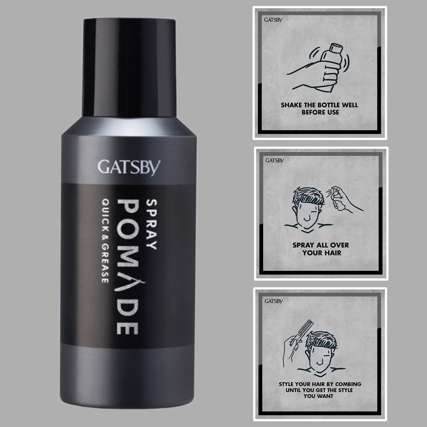 Gatsby Japan Spray Pomade - Quick & Grease Hair Styling | Slicked Back Hairstyle with Shine Effect | Non-Sticky Hair Spray for Men | 150ml | Made in Indonesia | Perfect for Daily Use, Parties & Professional Styling