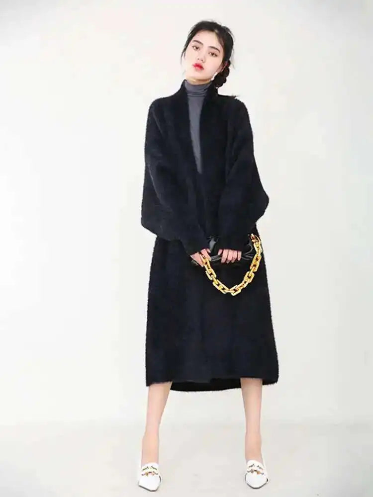 Black Oversized Long Knit Sweater Cardigan for Women - Loose Fit V-Neck Long Sleeve Fashionable Pullover (Spring/Autumn 2025) - Perfect for Casual Outfits, Office Wear & Cozy Evenings
