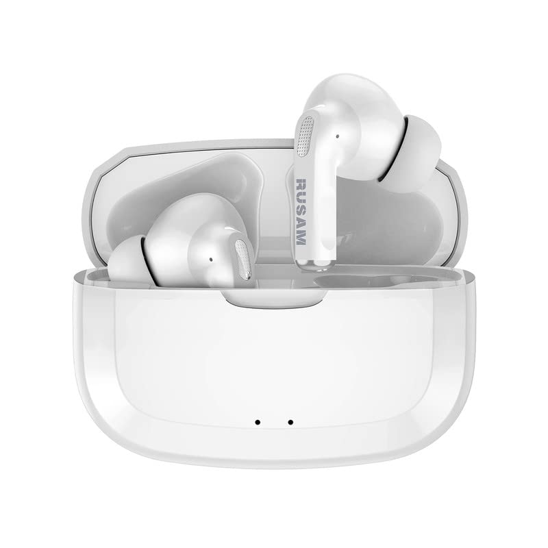 RUSAM TWS AR30 True Wireless Earbuds Bluetooth 5.2 Headphones with Touch Control, Stereo Sound & Built-in Mic - Premium Deep Bass for Music, Sports & Gaming (White) - Perfect for Workouts, Commuting & Entertainment