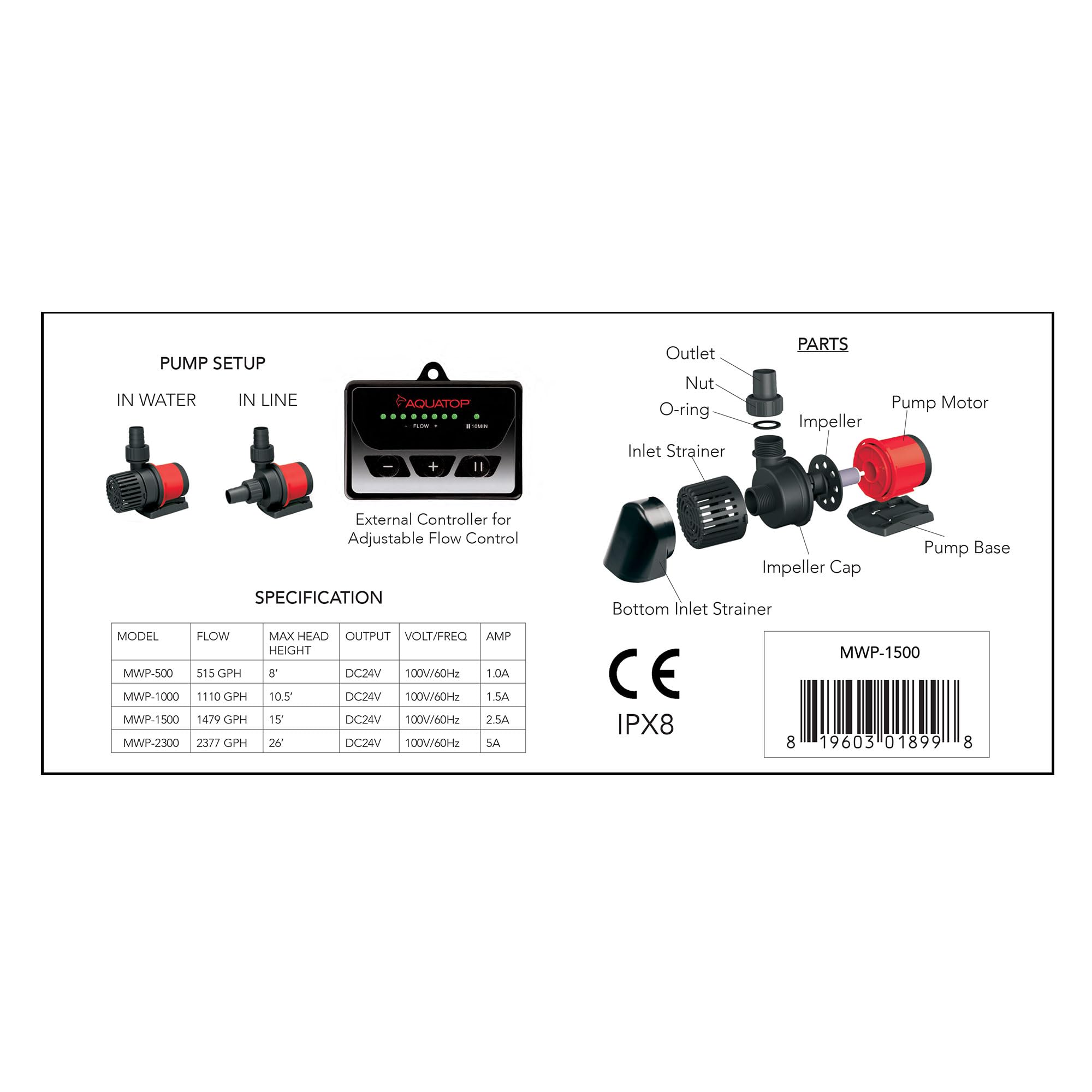 Aquatop MWP-1500 MaxFlow DC Water Pump with Controller - 1479 GPH High Flow Submersible Pump for Aquariums, Ponds, Hydroponics & Water Features
