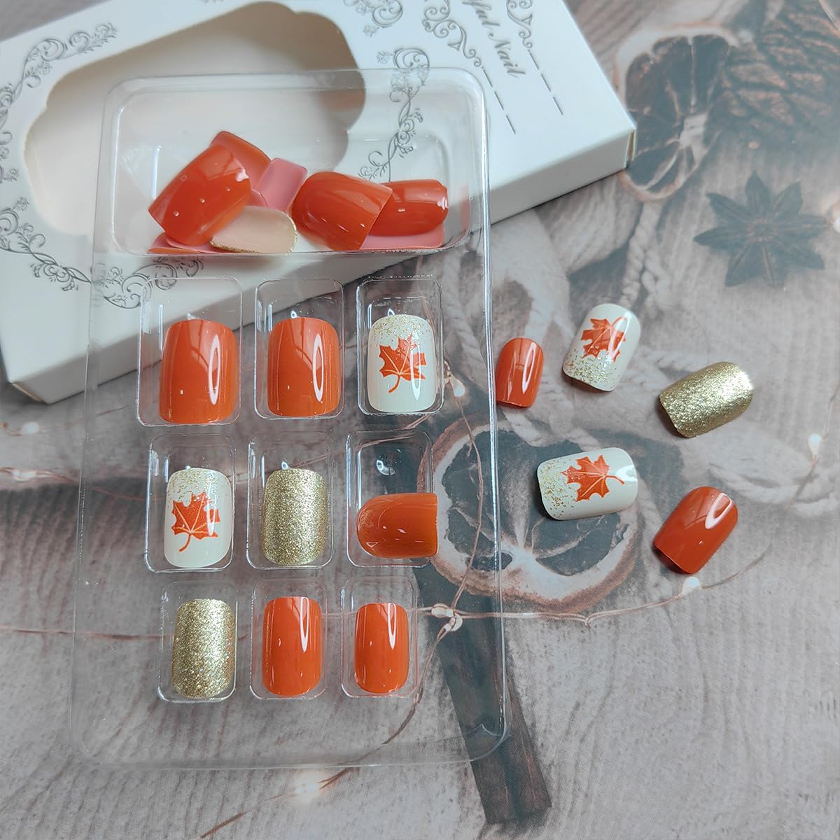 Short Square Press on Nails with Maple Leaf Design - Gold Glitter Foil Acrylic Fake Nails for Women | Fall & Thanksgiving Nail Art | Perfect for Autumn Parties, Holidays & Special Occasions