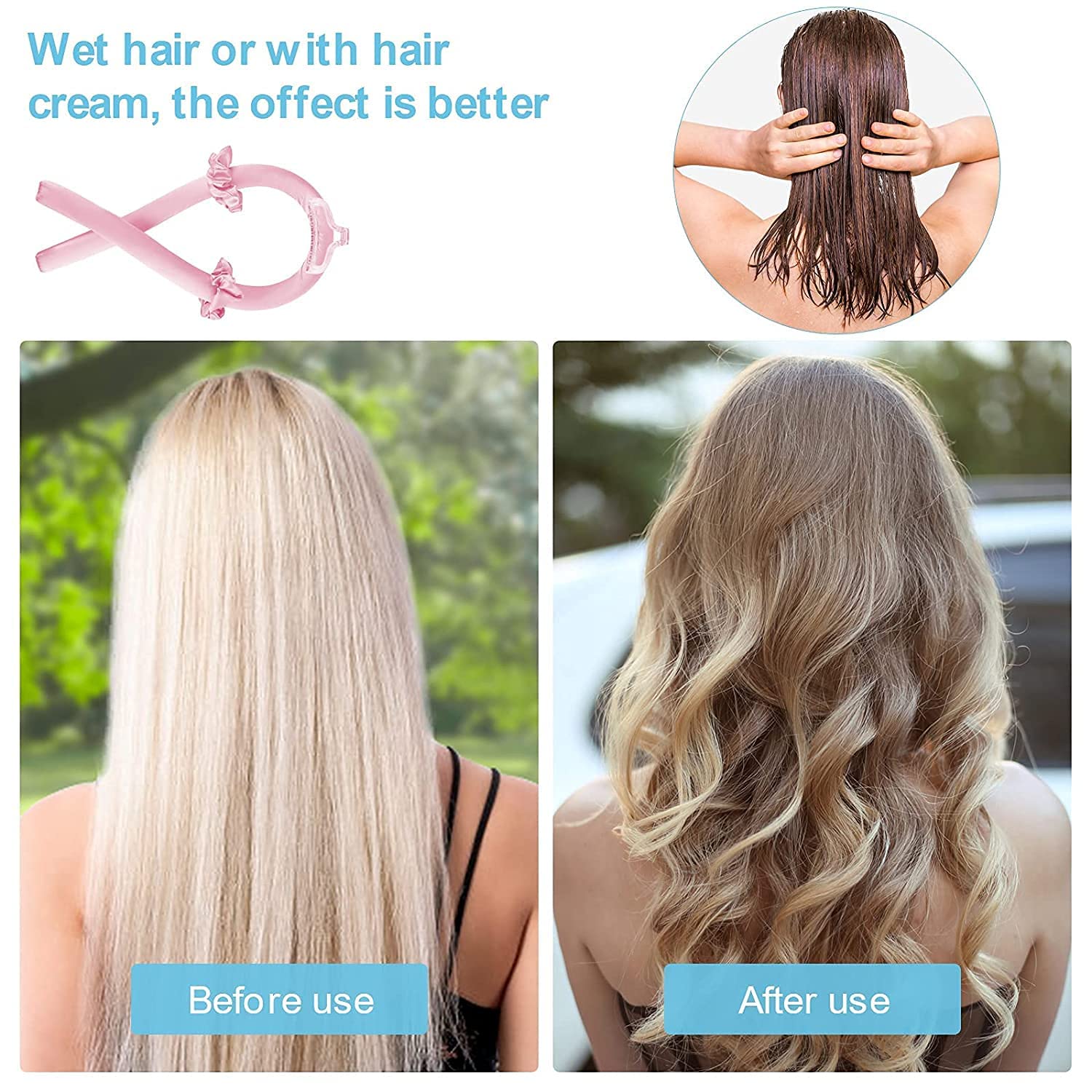 Zuddha Heatless Hair Curler Rollers for Long Hair - No Heat Curling Headband with Ribbon for Soft Natural Curls, Pink | Perfect for Overnight Styling, Travel & Damage-Free Hair Care