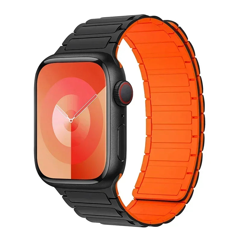 Silicone Magnetic Loop Band for Apple Watch - Black & Orange - Comfortable & Adjustable Strap for Workouts, Running & Everyday Use