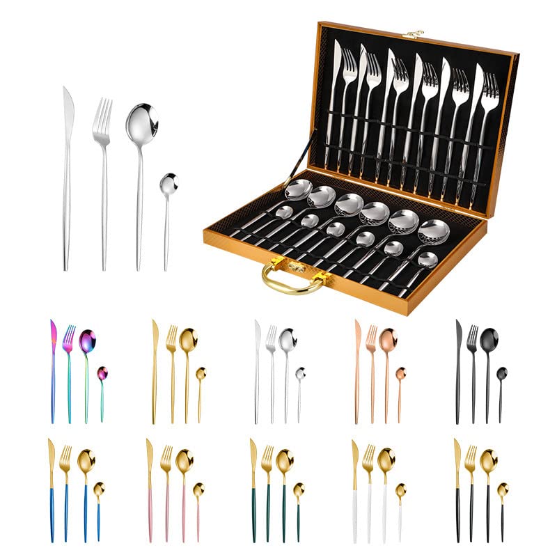 Premium 24-Piece Stainless Steel Flatware Set - Silverware Cutlery for Dining, Travel & Camping - Includes Steak Knives, Forks & Coffee Spoons - Reusable & Portable Dinnerware (Black-Gold) - Perfect for Home, Restaurant, Picnic & Outdoor Adventures