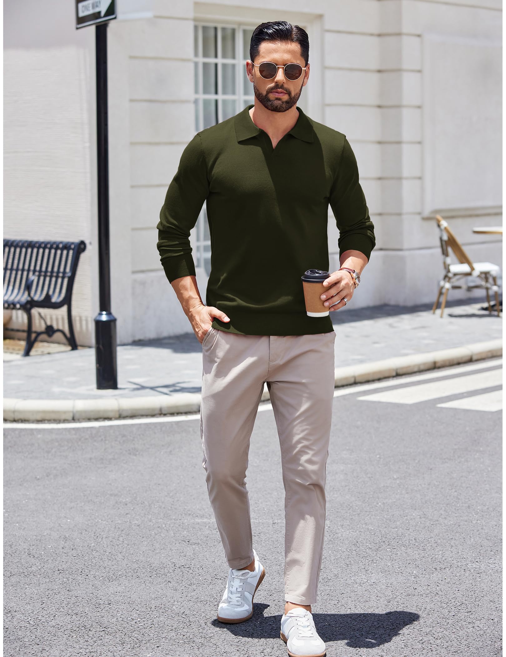 COOFANDY Men's Lightweight Ribbed Knit Polo Sweater - Long Sleeve Pullover Shirt for Casual Wear & Office Outfits