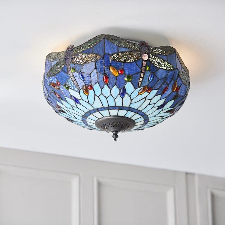 Blue Dragonfly Stained Glass Tiffany Ceiling Light Fixture - Medium Size Flush Mount for Bedroom, Living Room & Dining Room Decor