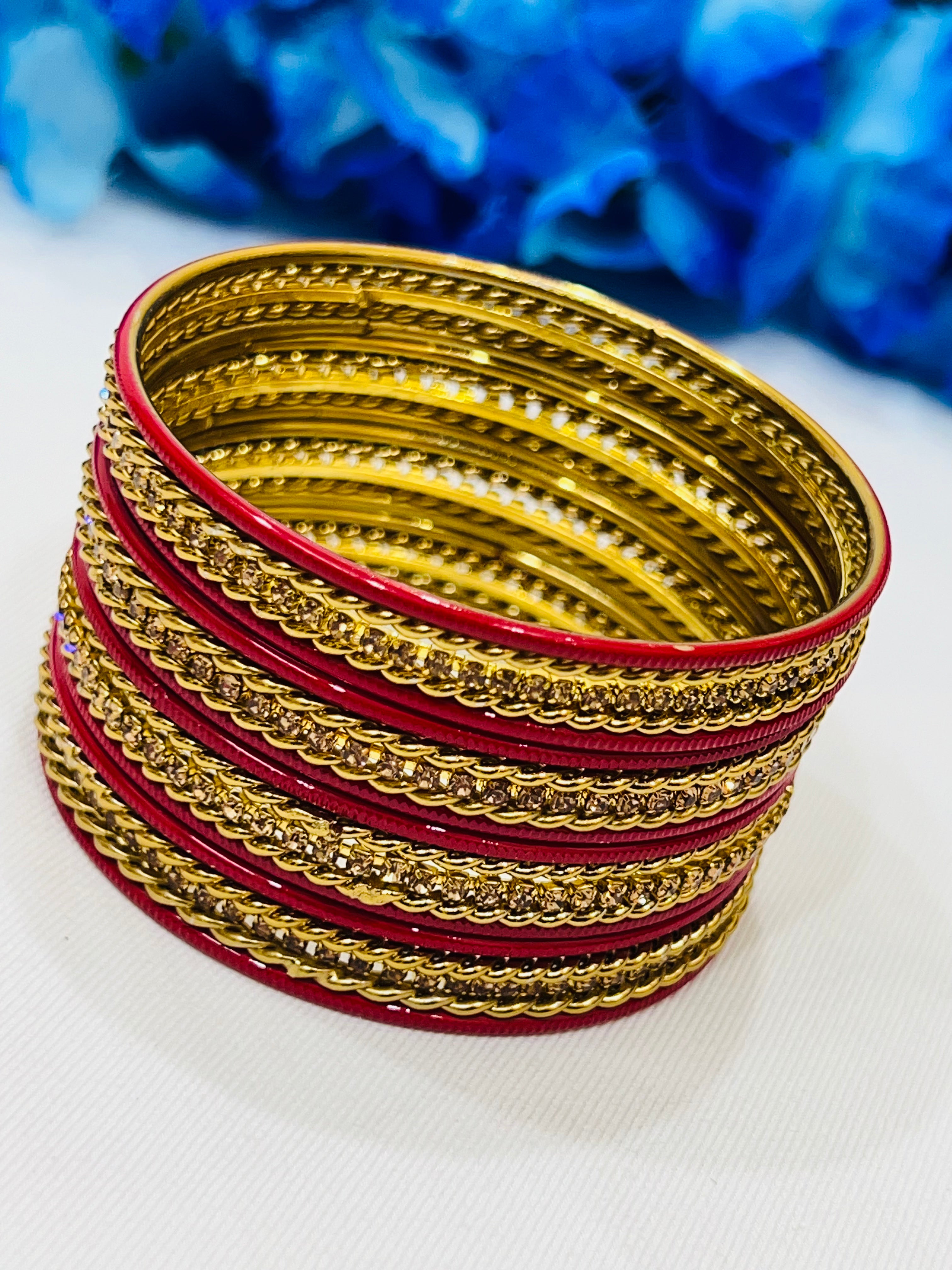 Elegant Red Metal Bangles with Glimmer Stones for Women | Stylish Fashion Jewelry for Parties, Weddings & Everyday Wear