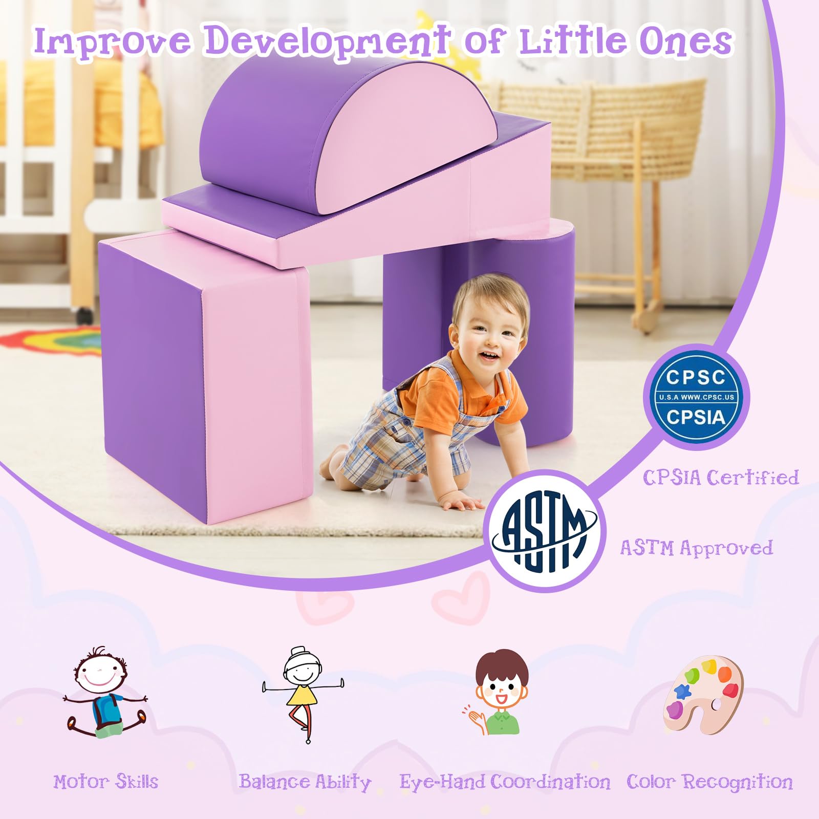 Costzon 5-Piece Soft Foam Climbing Toys for Toddlers & Infants - Waterproof Indoor Play Structures for Child Development, Preschool Baby Climbers (Pink & Purple) - Perfect for Home Playrooms, Daycare Centers & Early Learning Activities