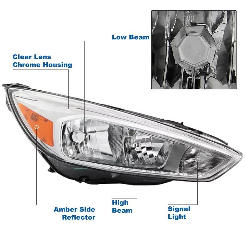 Replacement Chrome Headlights for 2015-2018 Ford Focus S/SE/ST - Durable LED Headlamps with Clear Lens - Perfect for Night Driving & Car Upgrades