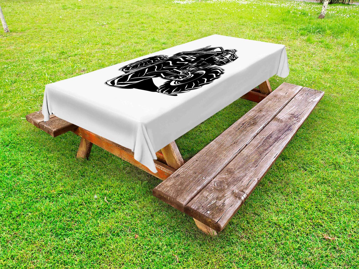 Ambesonne Truck Themed Outdoor Tablecloth - Monochrome Sketch Pattern Monster Pickup Truck Design - Washable Picnic Table Cover 58