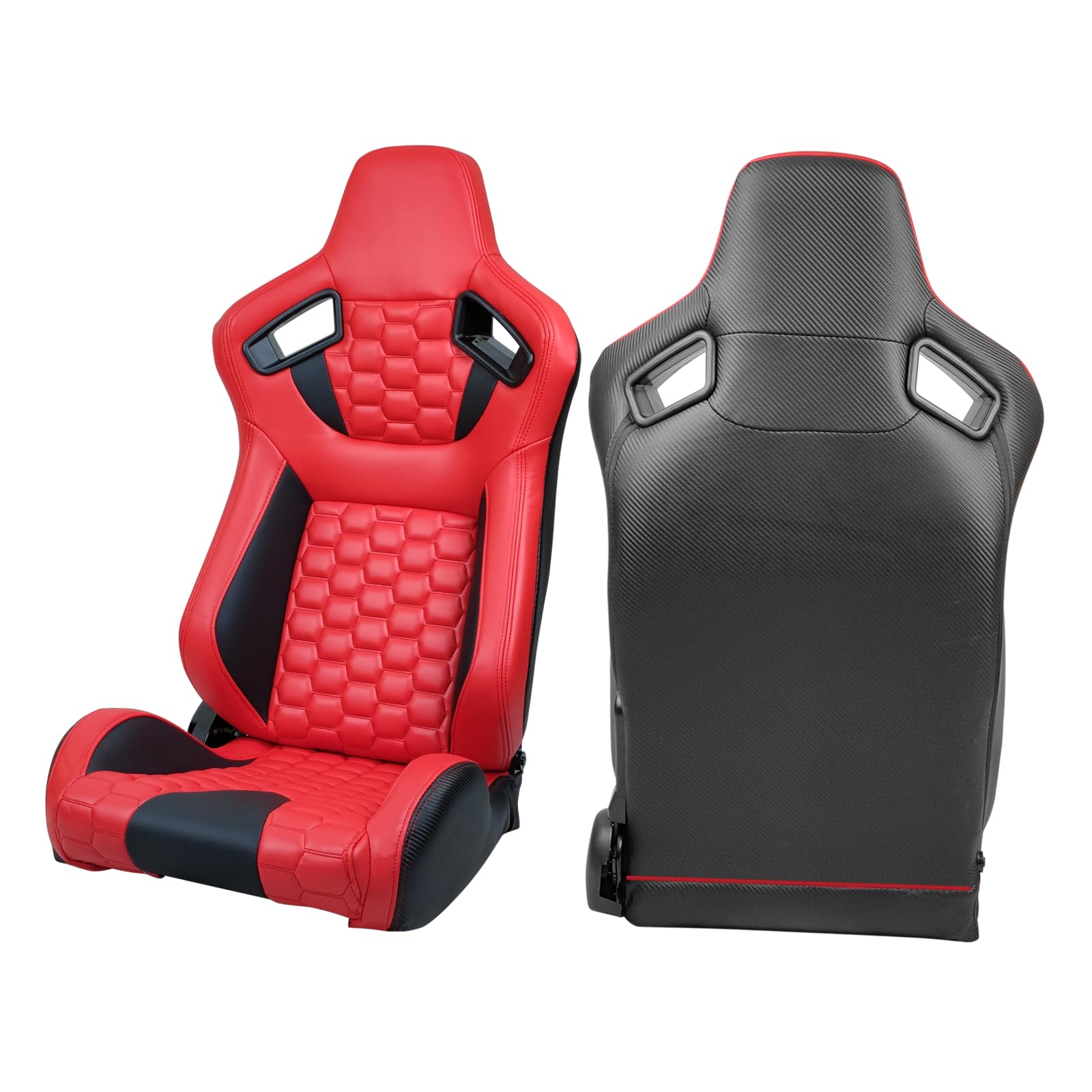 IKON MOTORSPORTS Universal Racing Seats - Reclinable Red & Black PU Carbon Leather Bucket Seats with Dual Sliders & Hexagonal Quilting (1 Pair for Driver & Passenger) | Perfect for Sports Cars, Drifting & Track Racing