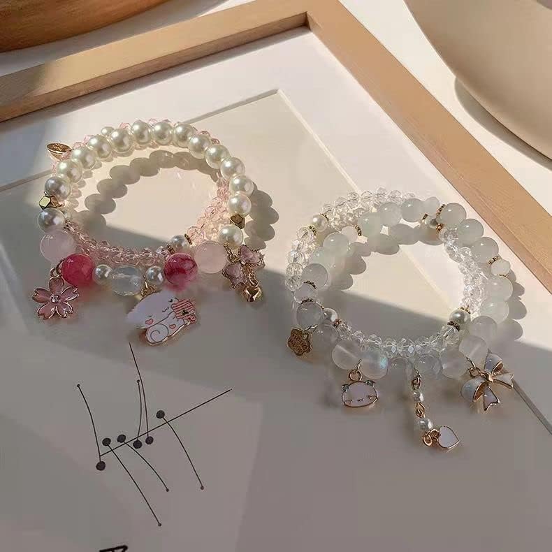 Elastic Cartoon Crystal Beads Pearl Bracelets - Adjustable Kawaii Beaded Strand Bracelet for Women & Girls - Graduation Charm Jewelry Gift for Kids - Perfect for Birthday Parties, School Events and Everyday Fashion Accessories