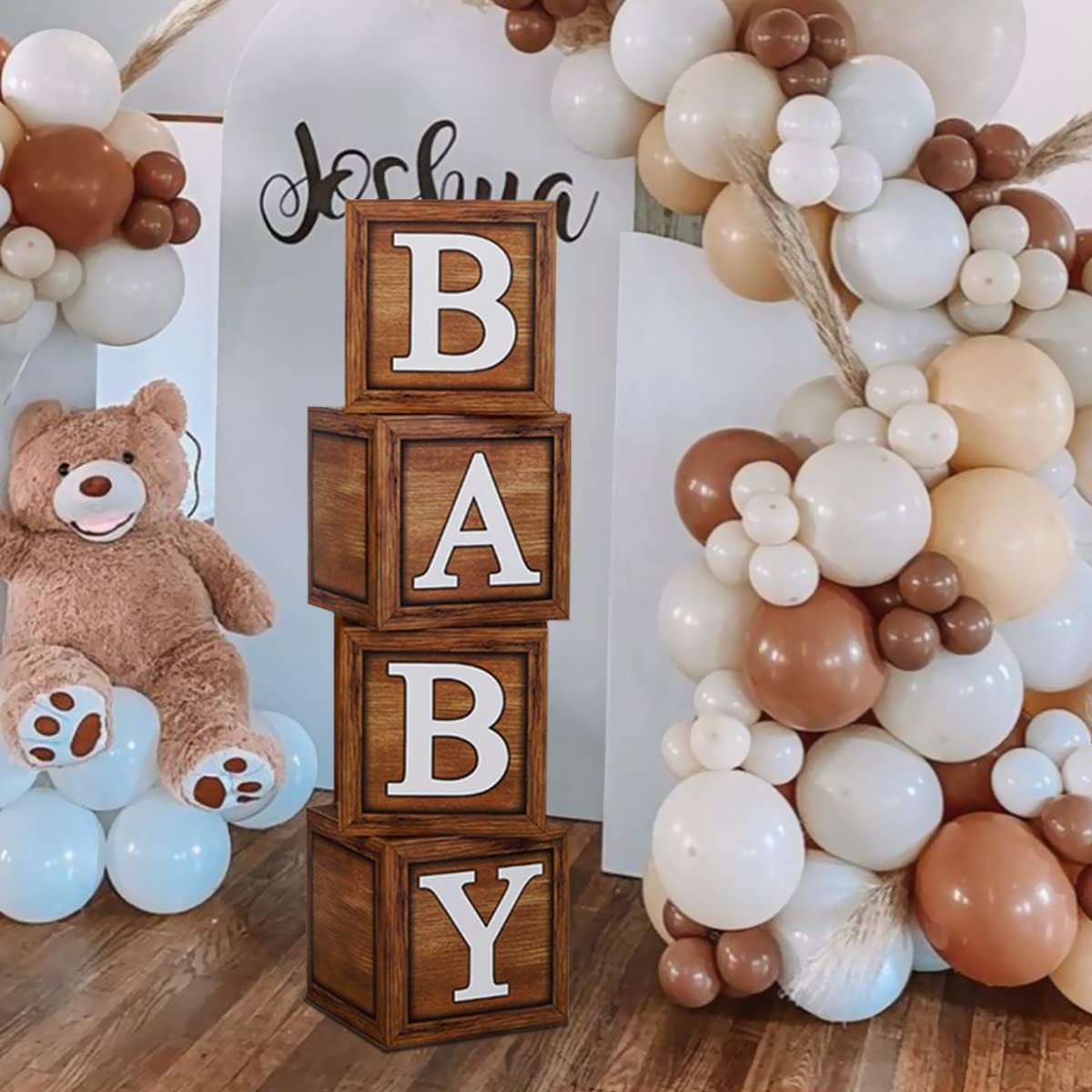 Wood Grain Brown Baby Shower Balloon Boxes (4-Pack) - First Birthday Centerpiece Decorations, Teddy Bear Baby Shower Supplies & Gender Reveal Backdrop - Perfect for Baby Showers, Birthday Parties & Nursery Decor