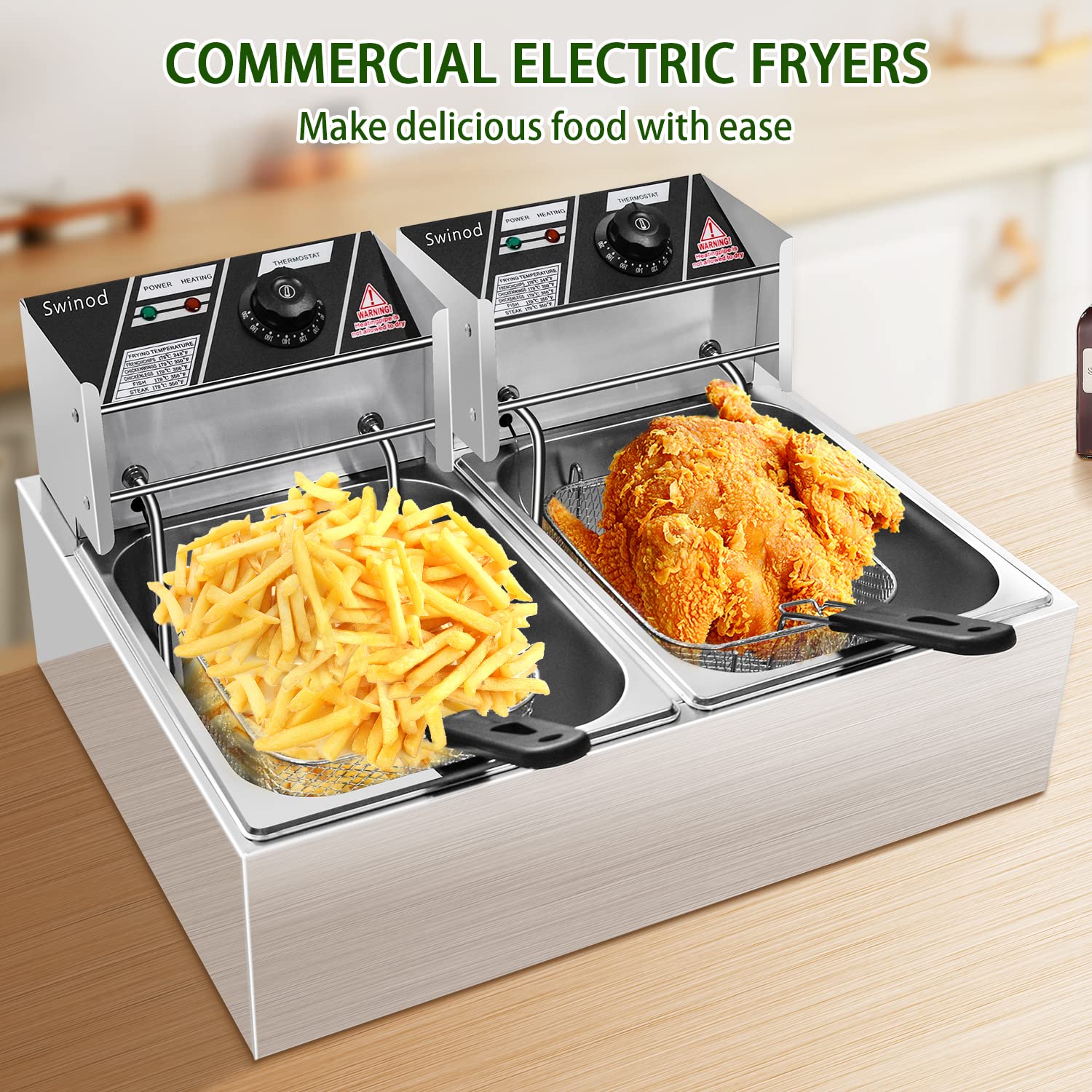 Commercial Deep Fryer with Baskets - 3400W 12.7QT/12L Stainless Steel Electric Oil Fryer, Large Capacity Countertop Fryer with Temperature Control - Perfect for Restaurants, Food Trucks & Home Kitchen Use