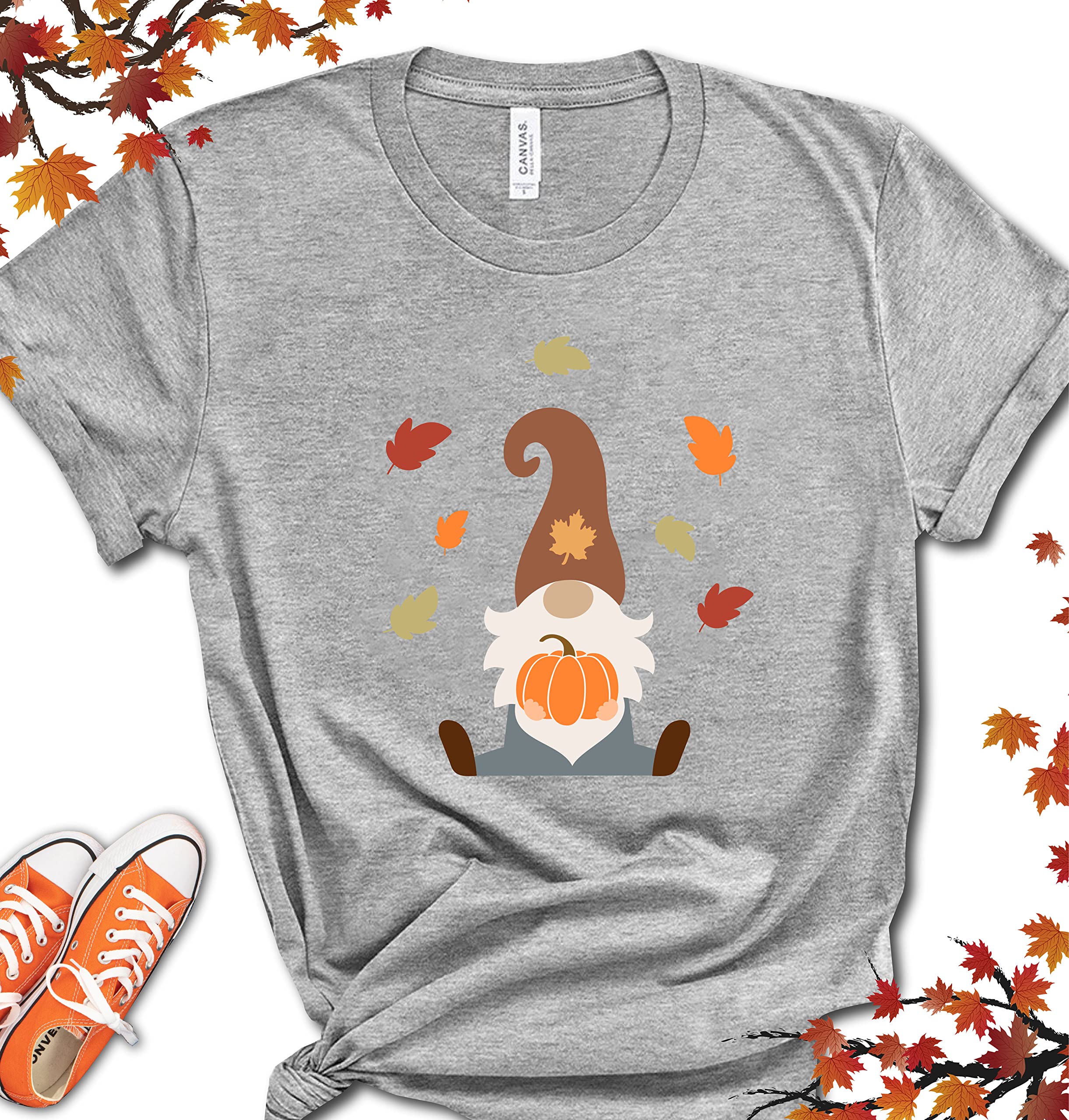 Gnomes T-Shirts for Women & Men | Fall Leaves & Pumpkin Print Autumn Tees | Thanksgiving & Halloween Graphic Shirts | Cozy Seasonal Gift for Christmas & Holiday Gatherings