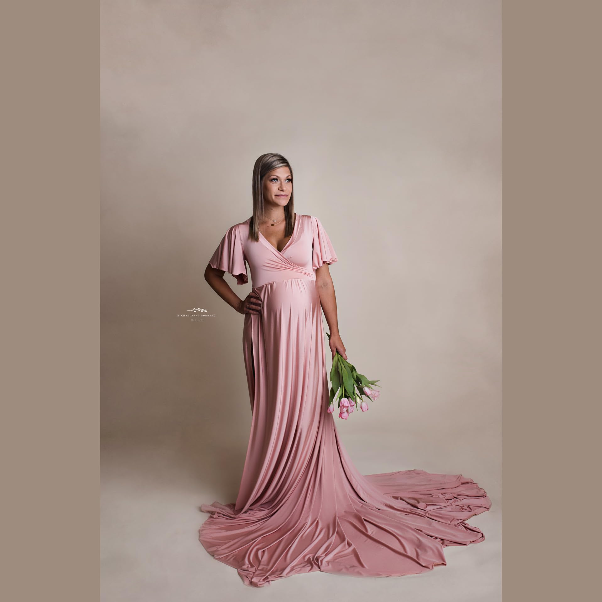 Elegant Dusty Rose Maternity Dress with Flutter Sleeves - XXL Size for Baby Showers, Maternity Photos & Special Occasions | Comfortable Pregnancy Dress for Women