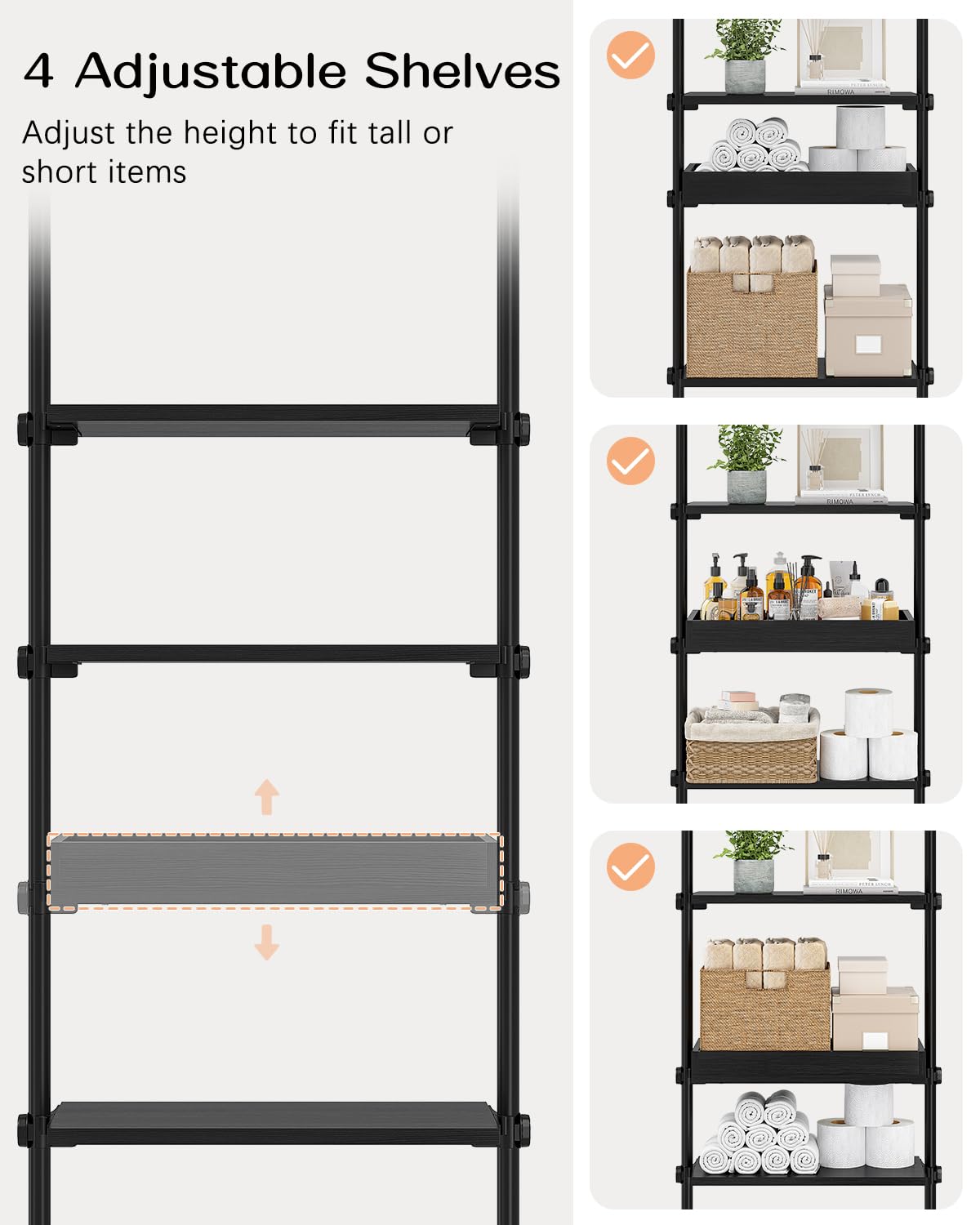 ALLZONE 4-Tier Over The Toilet Storage Shelf - Adjustable Wood Bathroom Organizer Cabinet for Small Spaces (92