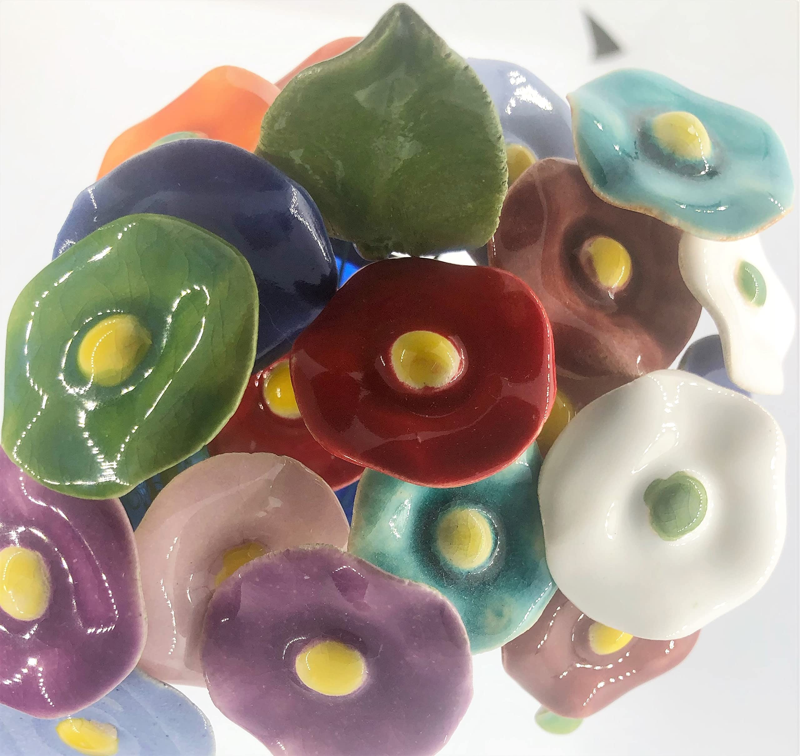 Handmade Polish Ceramic Flowers Bouquet - 20 Pieces in 10 Vibrant Colors with 2 Decorative Leaves | Perfect for Home Decor, Wedding Centerpieces, and Gift Giving