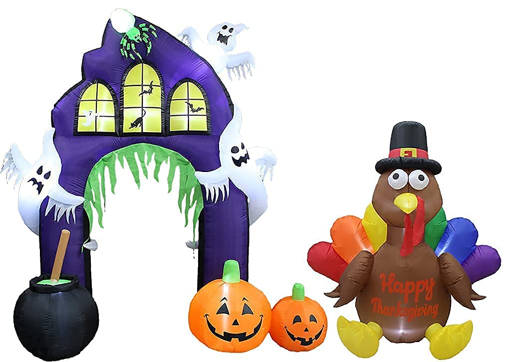 9ft Halloween Inflatable Castle Archway with Pumpkins & Ghosts + 6ft Thanksgiving Inflatable Turkey with Pilgrim Hat - LED Lighted Party Decorations Bundle for Outdoor Yard, Garden, and Holiday Celebrations