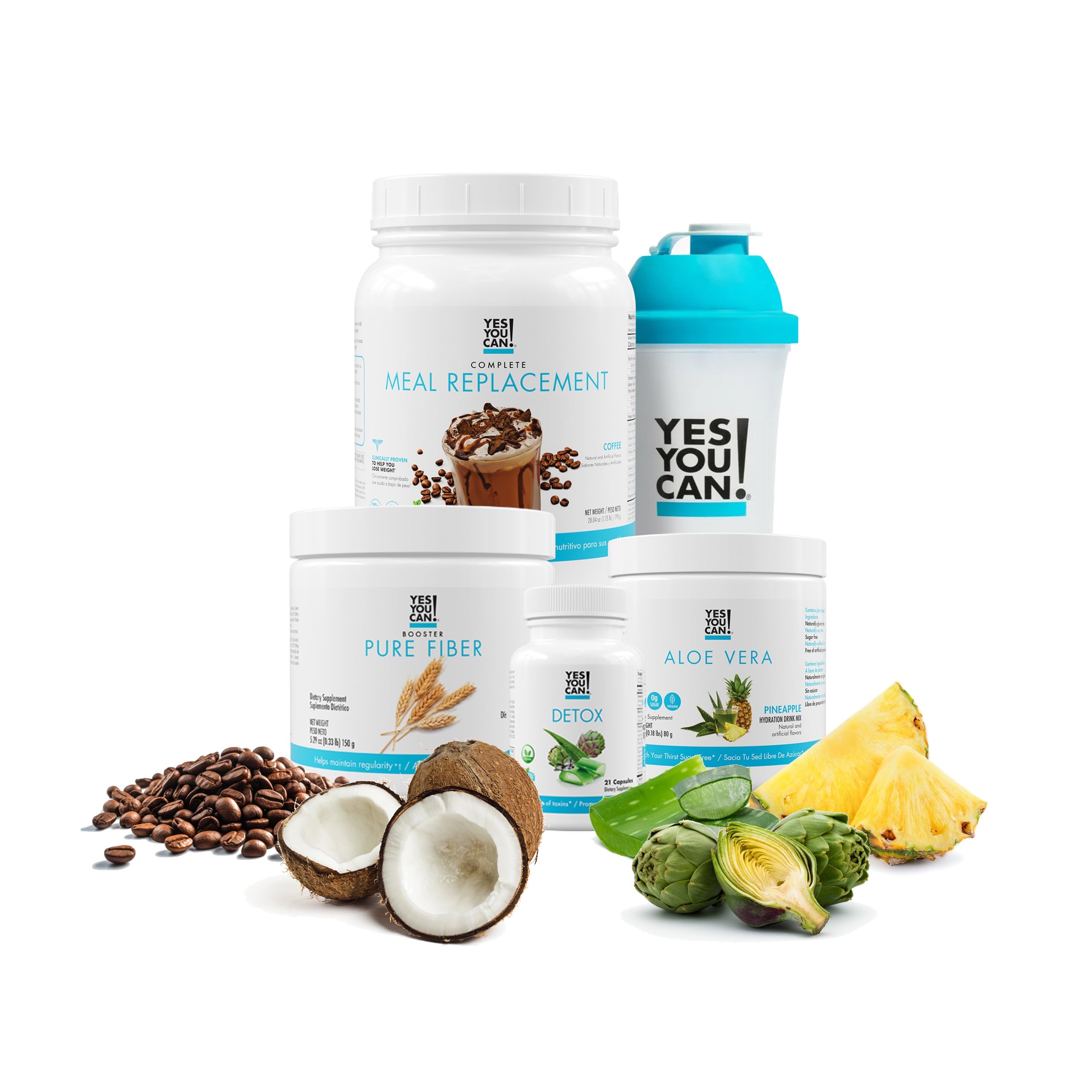 Yes You Can! Detox Plus Kit - Daily Cleanse Pure Fiber Meal Replacement Drink Mix & Shake Booster Supplement | Body Cleanse System for Women | Coffee, Aloe Vera & Peach Lemonade Flavors | Perfect for Weight Management & Digestive Health