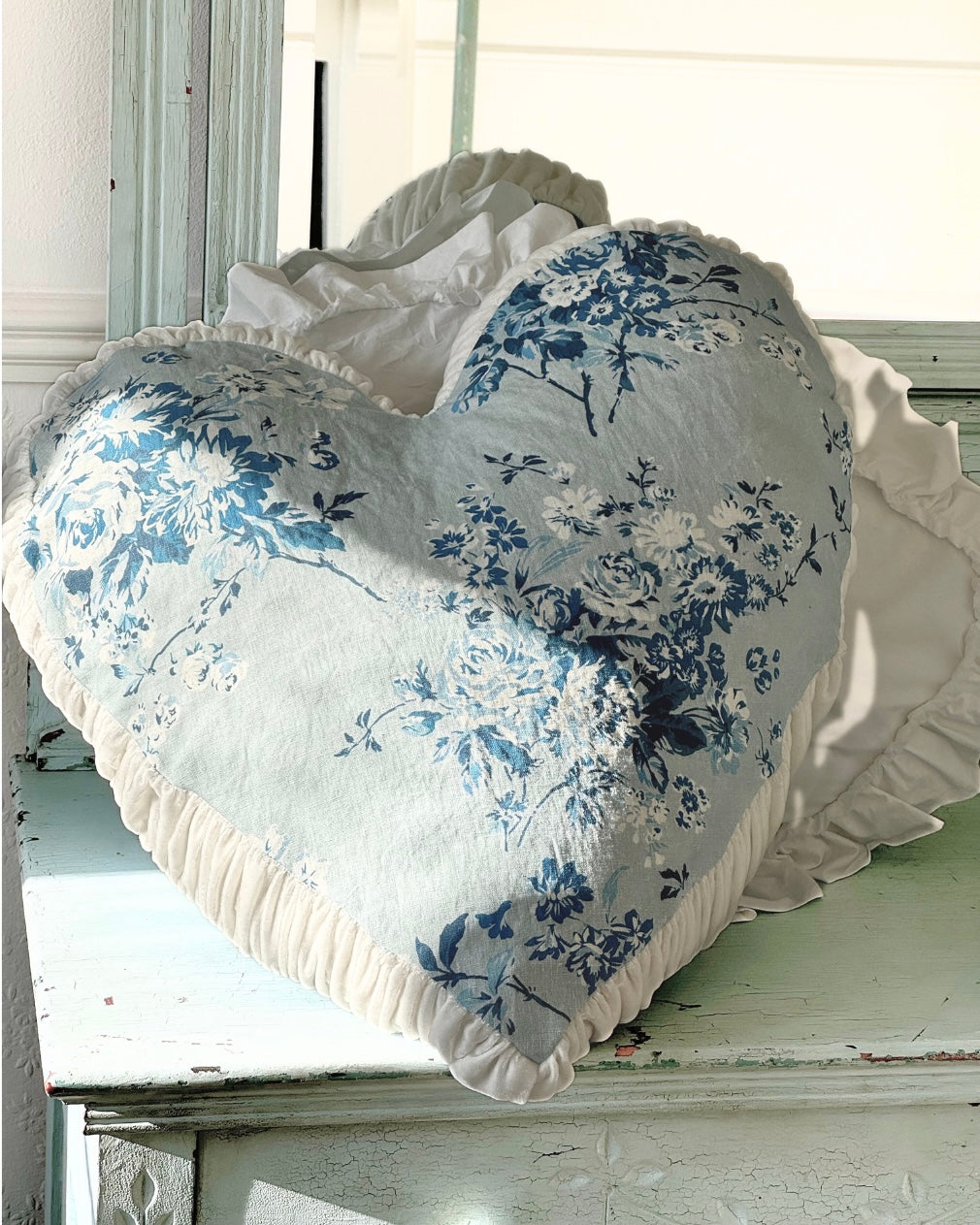 Rose Chintz Blue Heart Decorative Throw Pillow - Floral Vintage Home Decor for Sofa, Bed & Nursery - Perfect for Farmhouse, Cottage & Shabby Chic Style