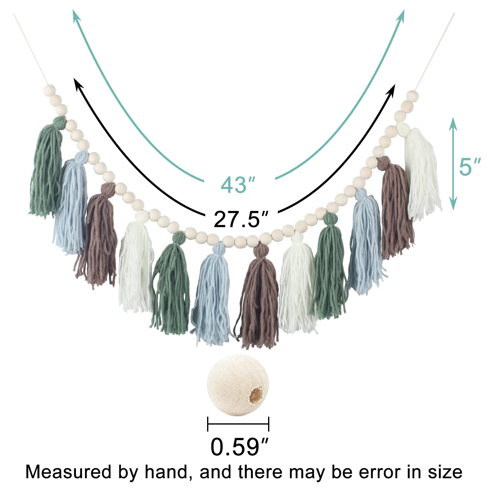 Boho Cotton Tassel Garland with Wood Beads - Wall Hanging Decor for Birthday, Christmas Party, Nursery, Bedroom, Playroom & Baby Shower - Perfect for Boho Home Decor, Classroom & Dorm Room Aesthetic
